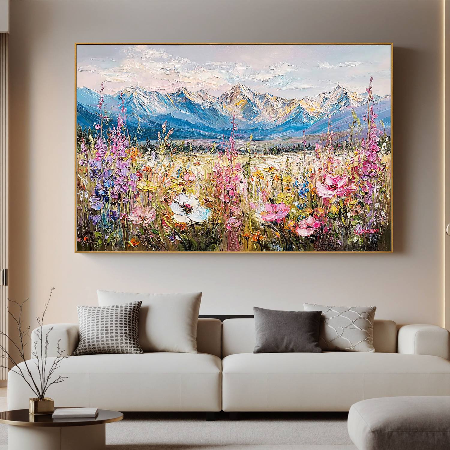 Mountain Wildflower Meadow Wall Art, Textured Alpine Landscape Canvas Painting for Living Room Décor #OA 0416