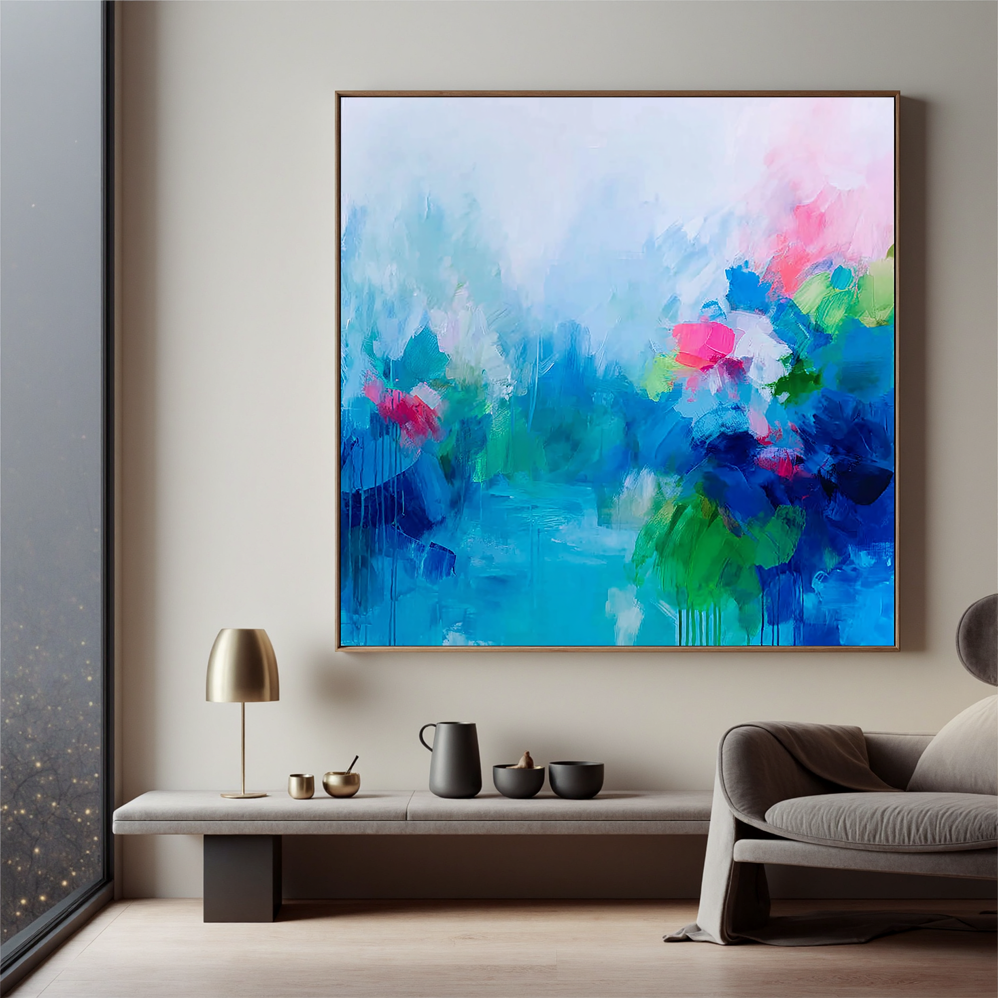 Abstract Blue Floral Oil Painting Canvas – Soft Misty Flower Wall Art for Living Room Modern Home Decor#OA 0493