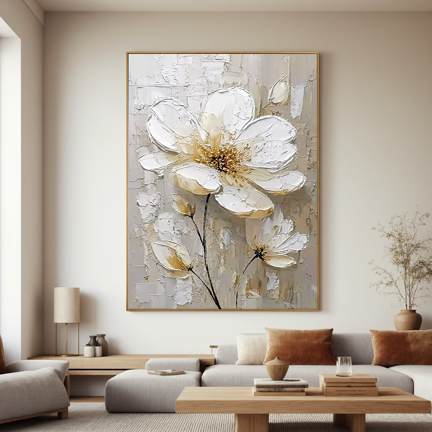 White Floral Oil Painting, Textured Gold Flower Wall Art for Living Room Decor#OA 0584