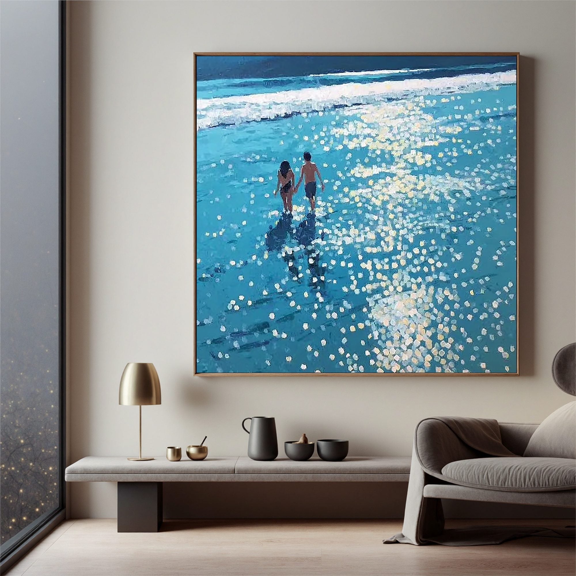 Romantic Beach Couple Wall Art, Blue Ocean Canvas Painting with Sunlight Reflection for Living Room Décor #OA 0423