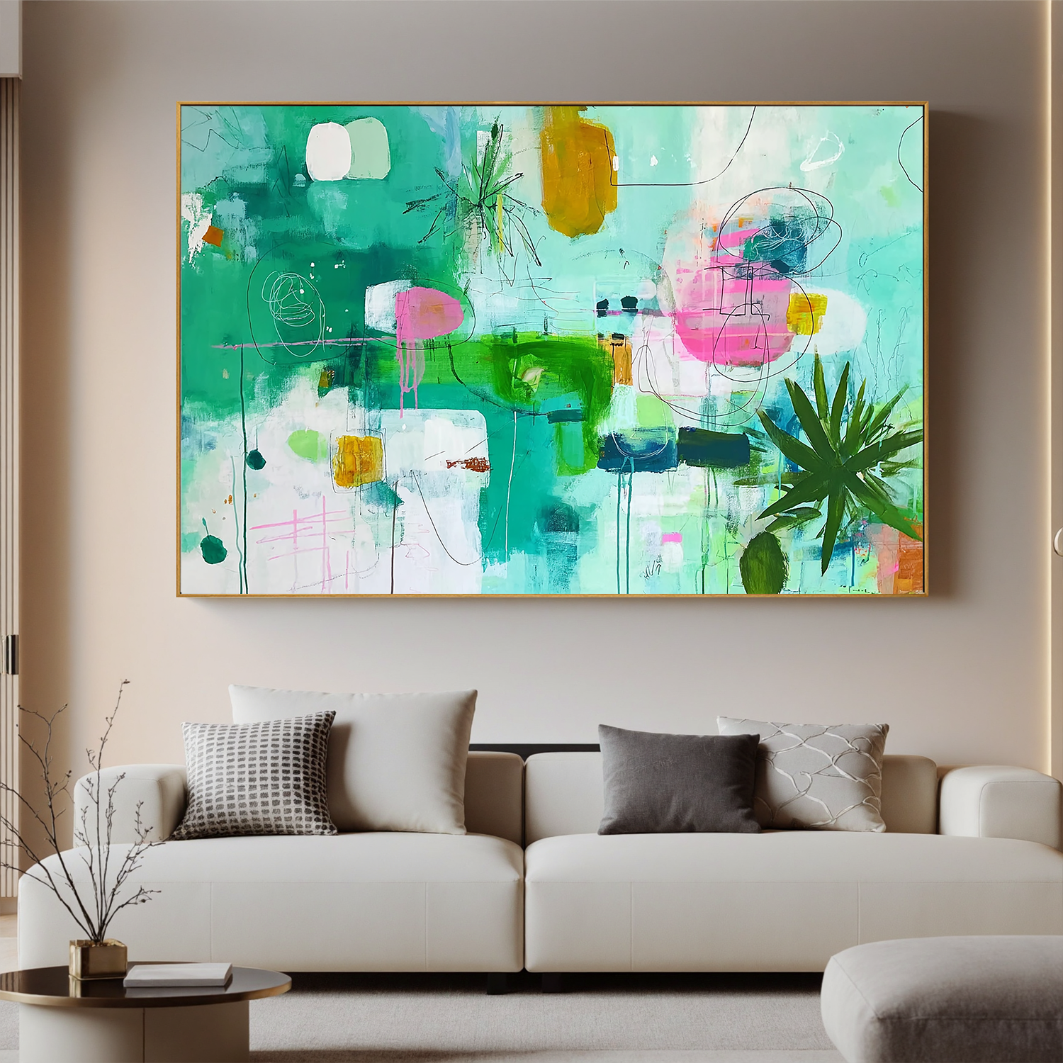 Green Abstract Oil Painting, Modern Botanical Wall Art for Living Room Decor #OA 0505