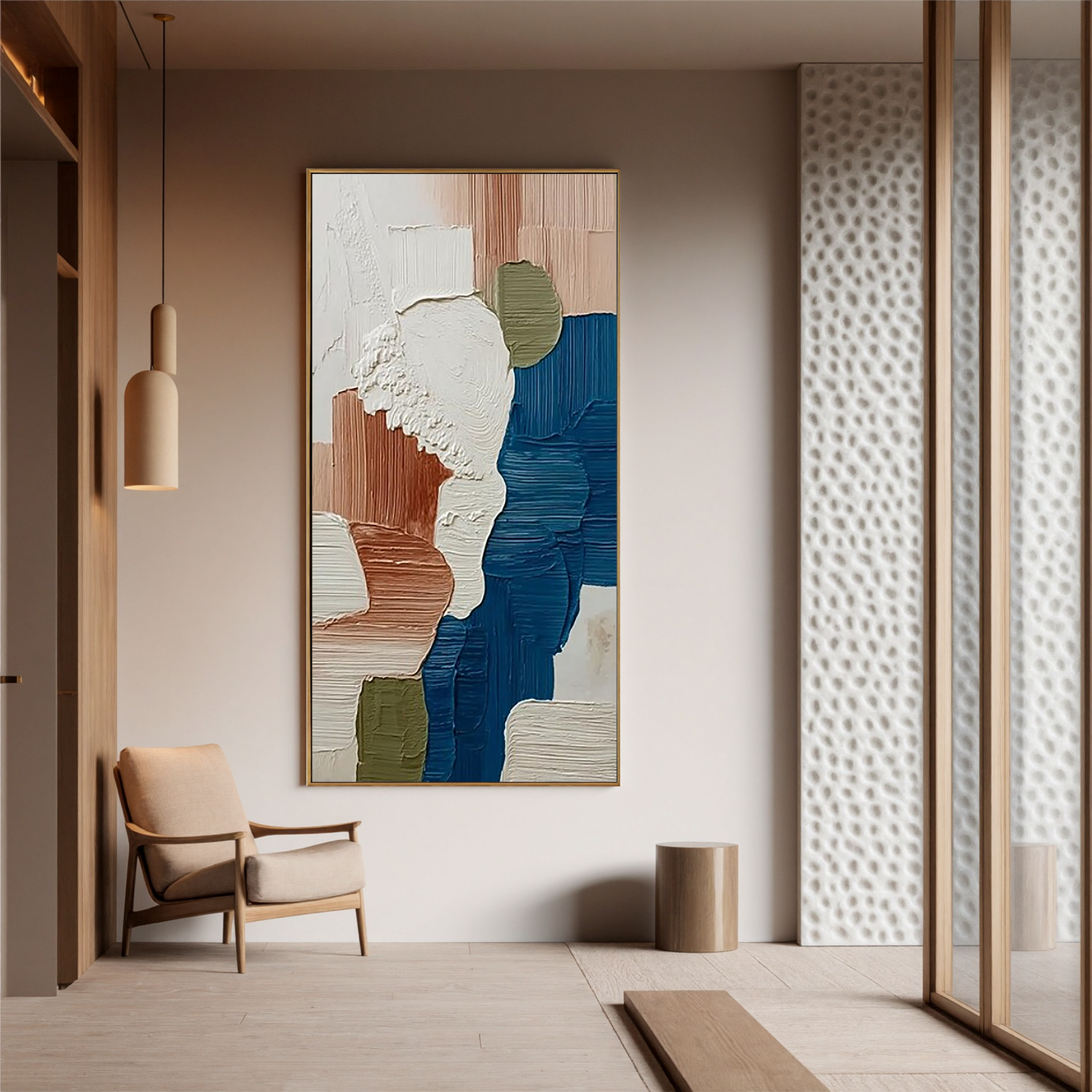 Large Textured Abstract Wall Art – Modern Neutral & Blue Palette Canvas Painting for Contemporary Living Room Decor