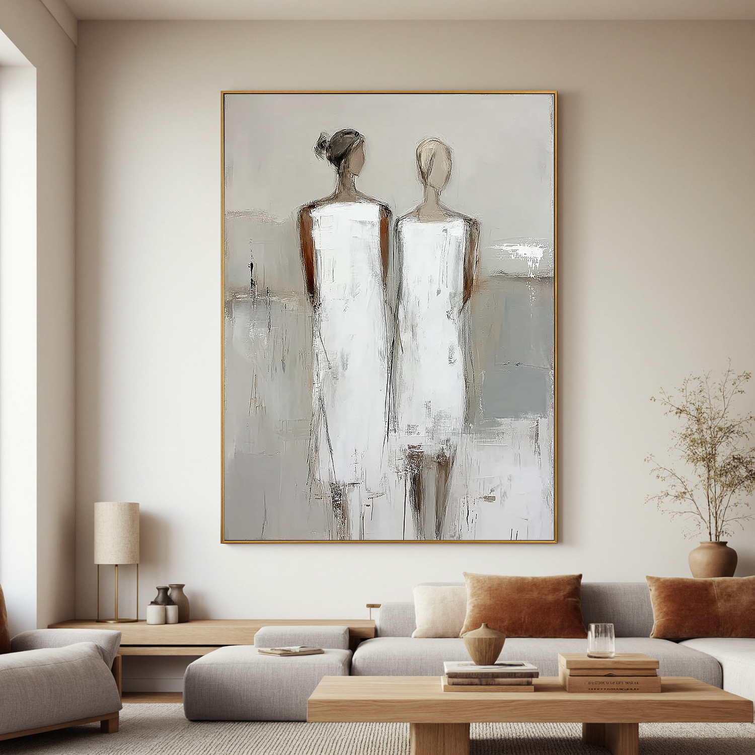 Neutral Abstract Figure Oil Painting, Minimalist Two Women Wall Art for Living Room Decor #OA 0522