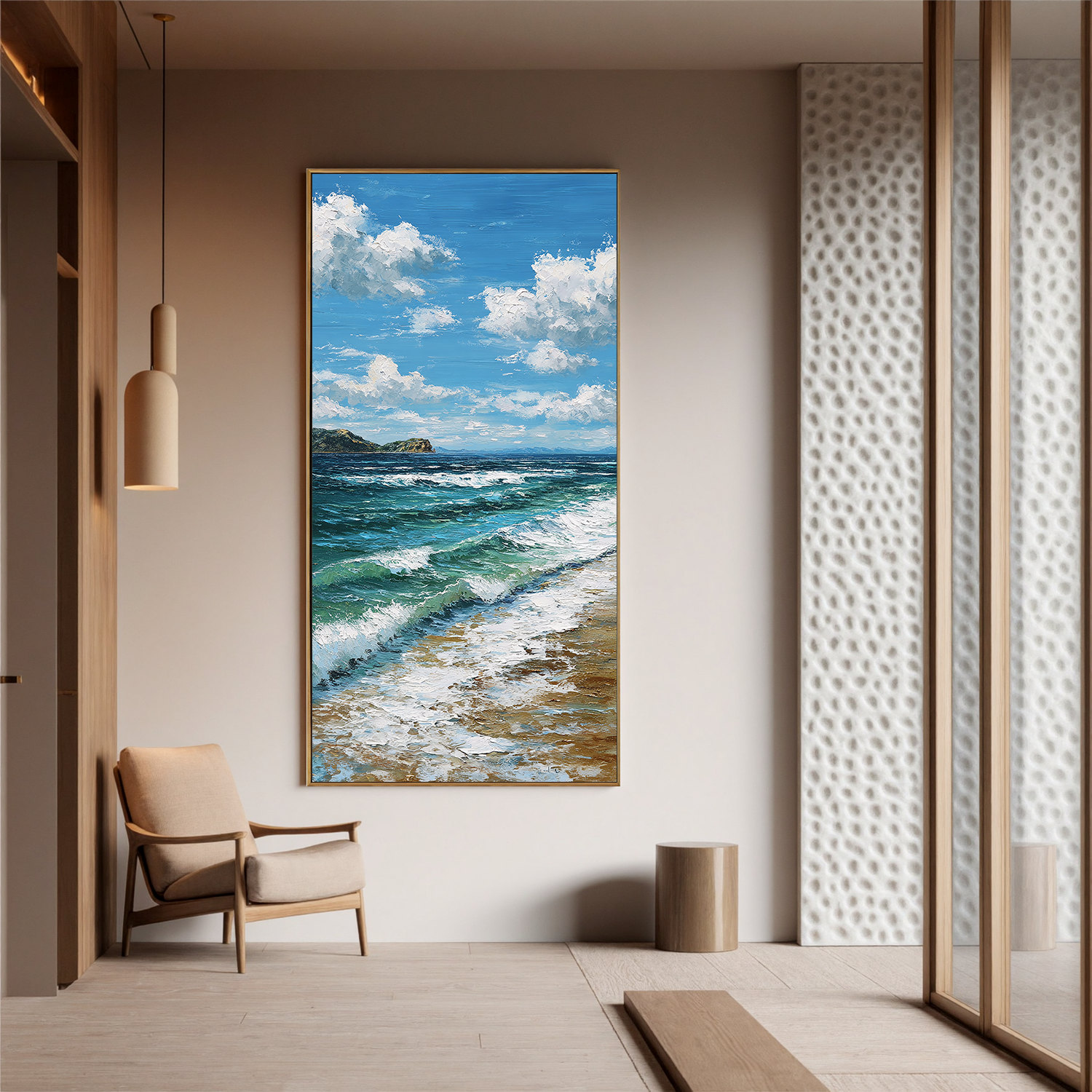 Vertical Coastal Ocean Wall Art – Blue Sea Waves and Sky Canvas Painting for Modern Home Decor#OA 0833