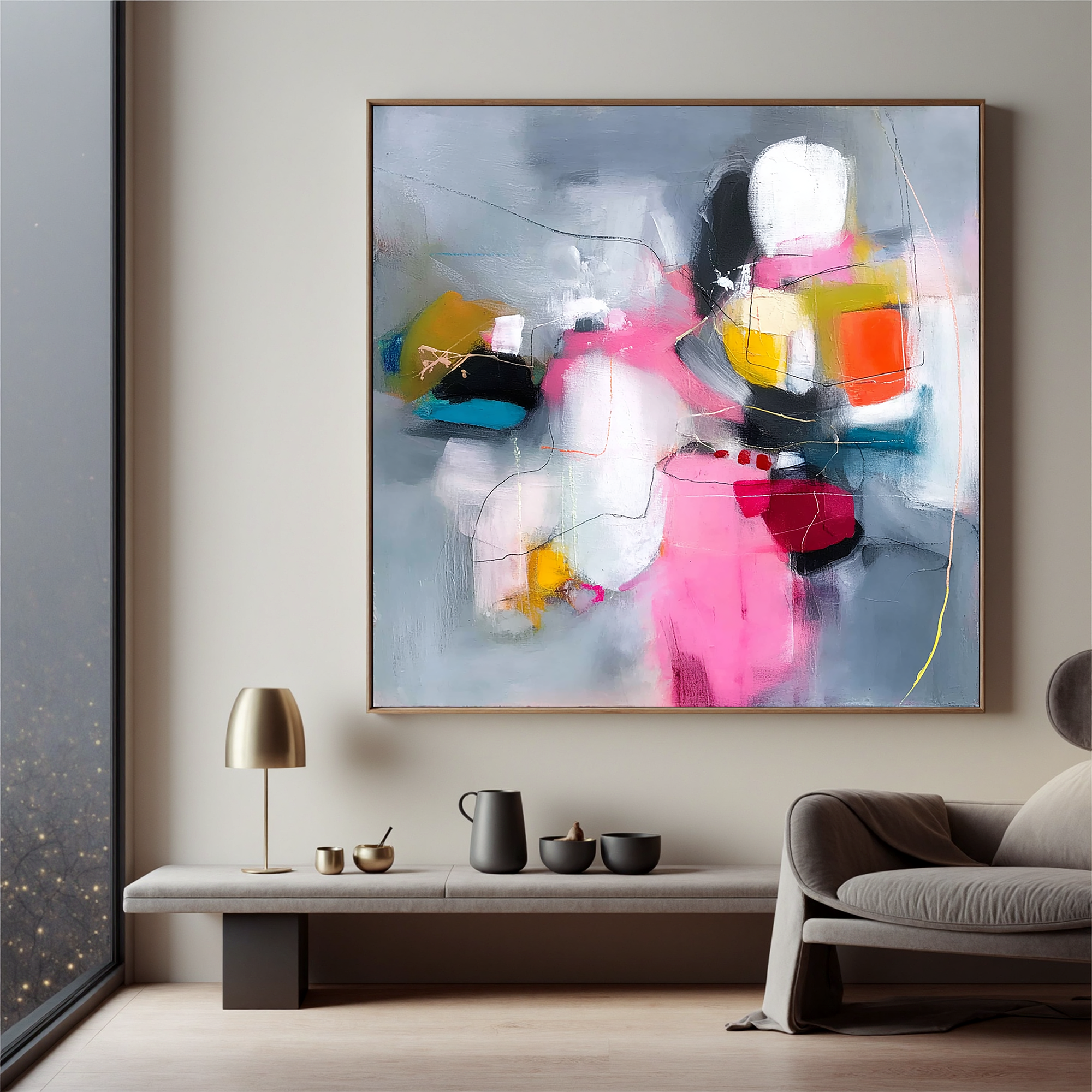 Abstract Soft Color Oil Painting Canvas – Modern Pink Gray Wall Art for Living Room Contemporary Home Decor#OA 0480