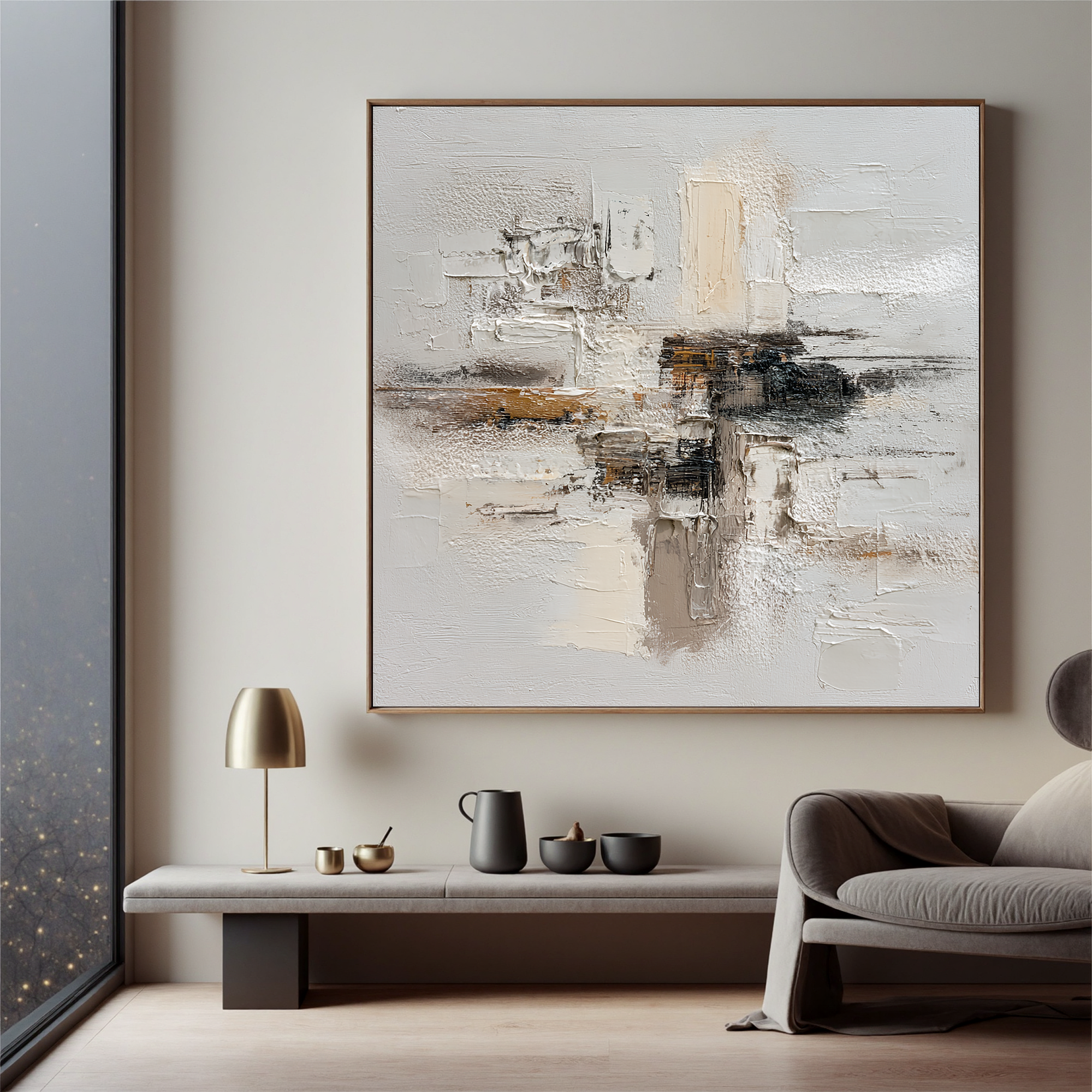 Large Neutral Textured Abstract Canvas Wall Art – Beige White Minimalist Painting for Modern Living Room Decor#OA 0882