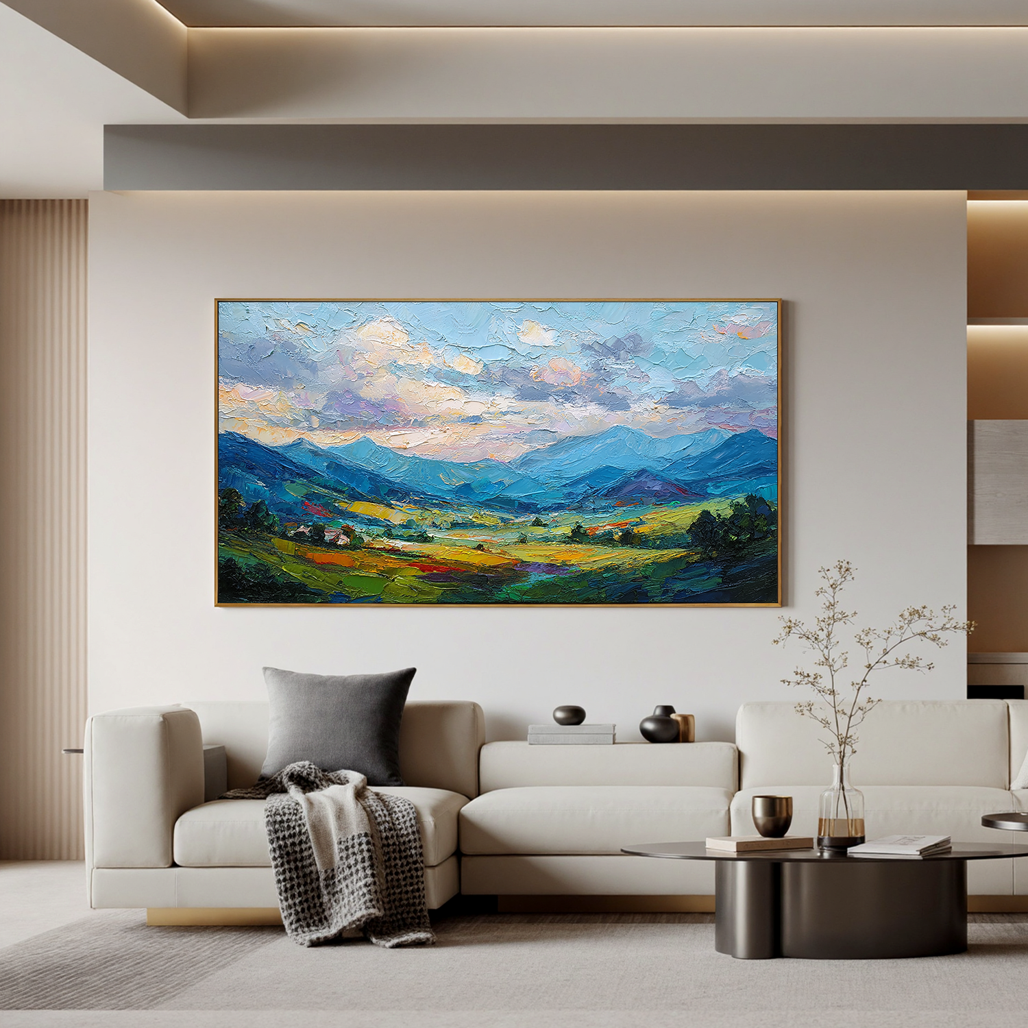 Large Colorful Mountain Landscape Oil Painting – Textured Panorama Canvas Wall Art for Living Room#OA 0888