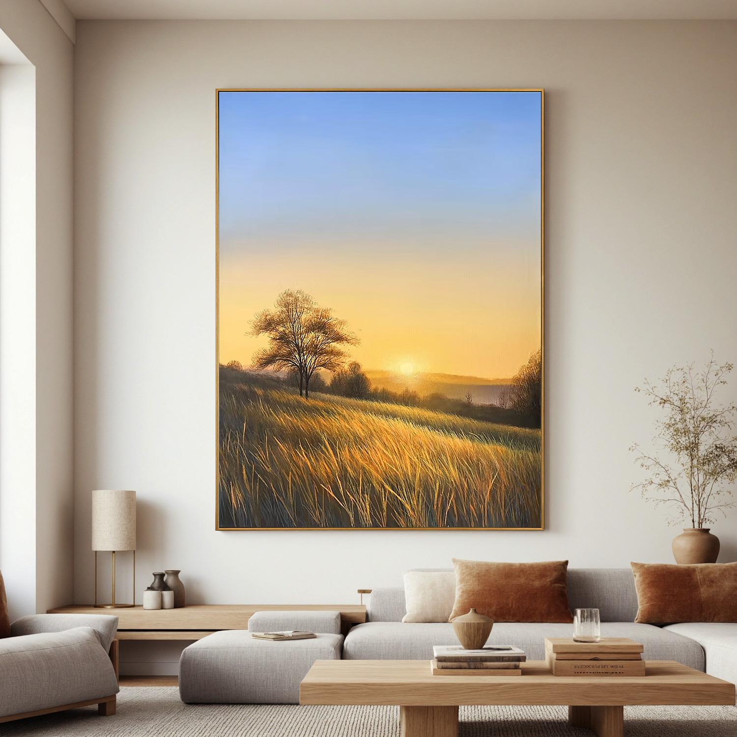 Golden Sunrise Meadow Wall Art, Countryside Landscape Canvas Painting with Lone Tree for Living Room Decor #OA 0779