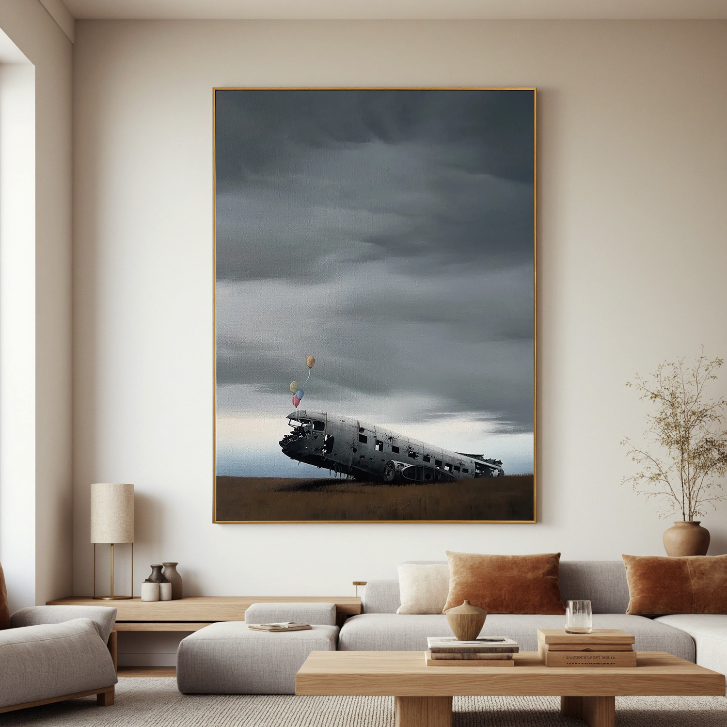 Surreal Airplane Wreck with Balloons Wall Art, Moody Landscape Canvas Painting for Modern Living Room Decor #OA 0761