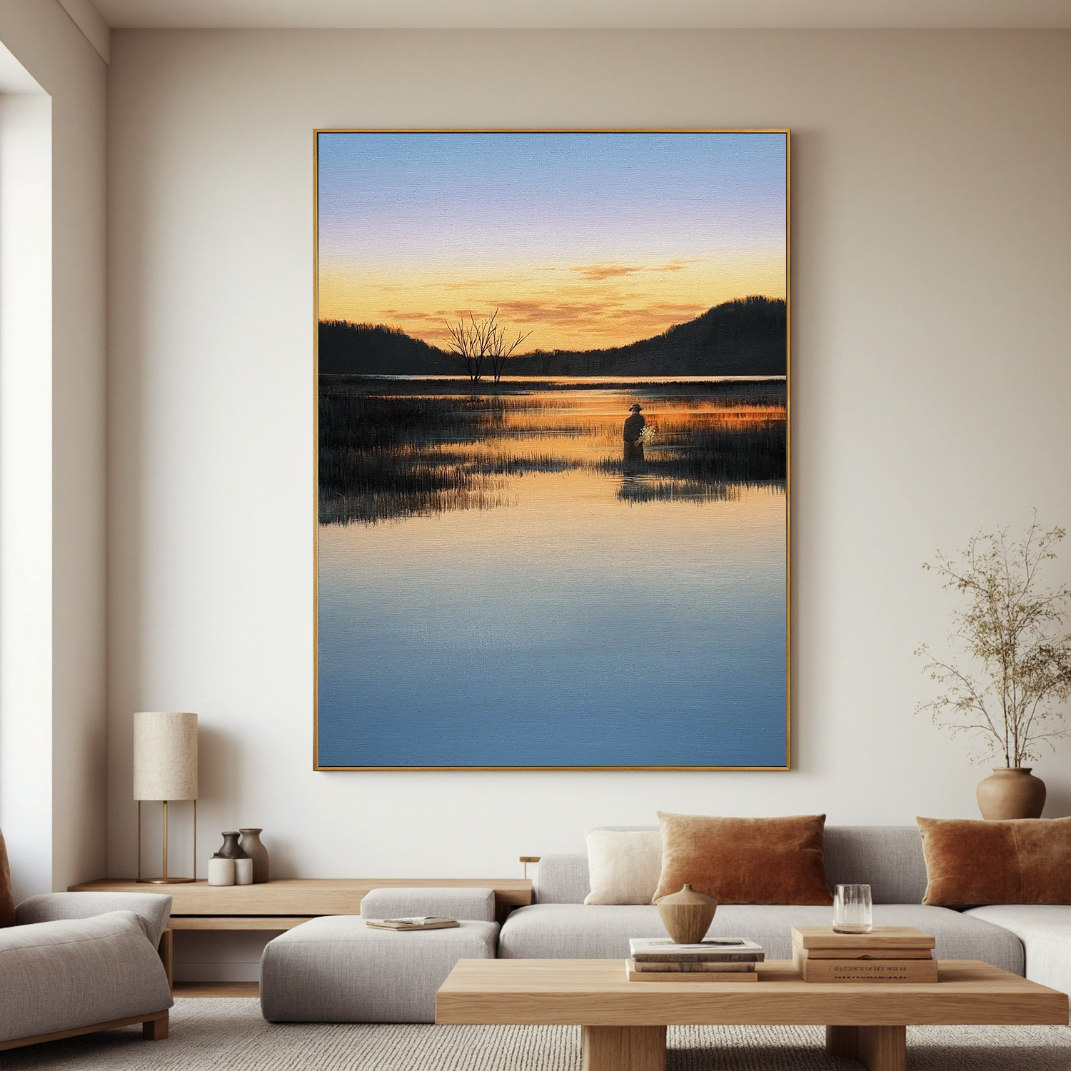 Serene Sunset Lake Wall Art with Solitary Figure, Peaceful Reflection Landscape Canvas for Living Room Decor #OA 0750