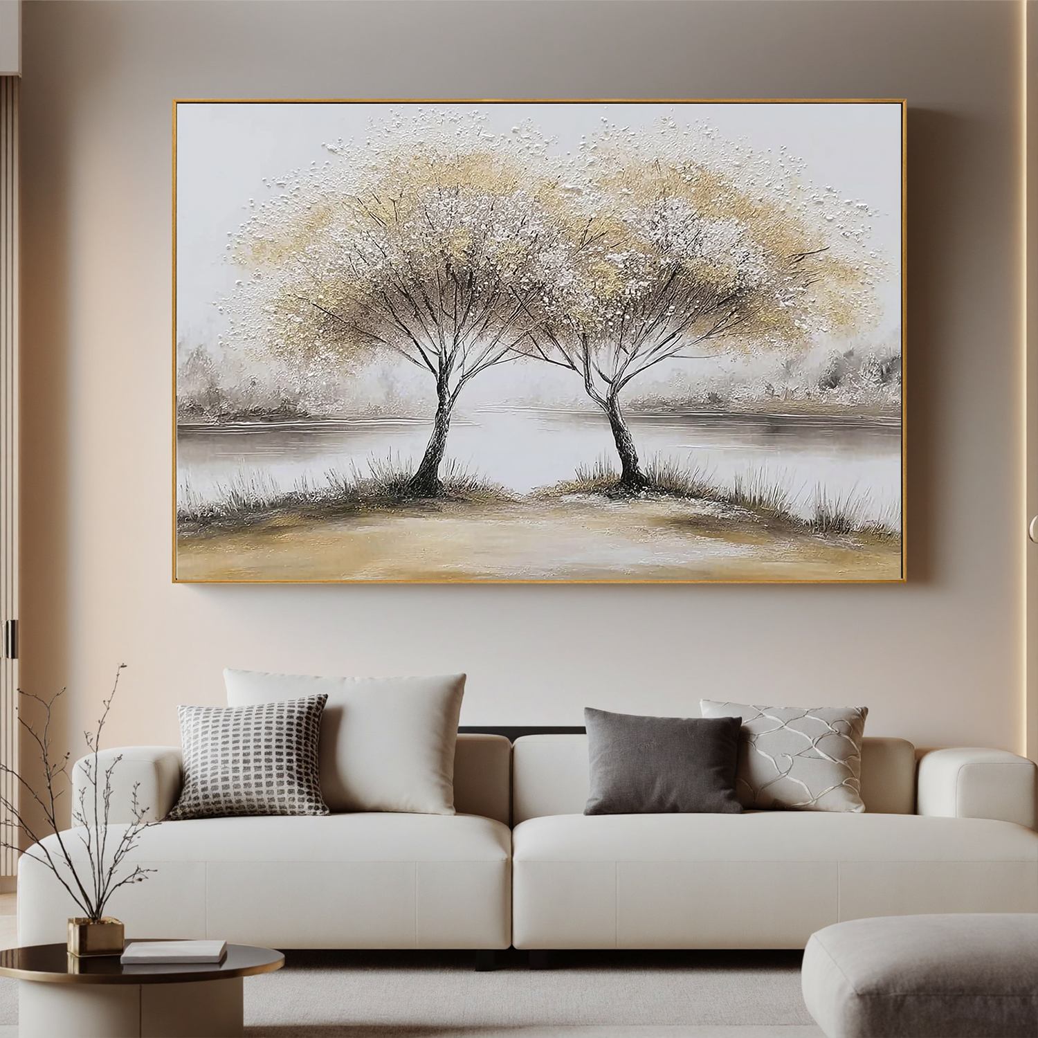 Lakeside Tree Wall Art, Neutral Twin Trees Landscape Canvas Painting for Living Room Décor #OA 0421