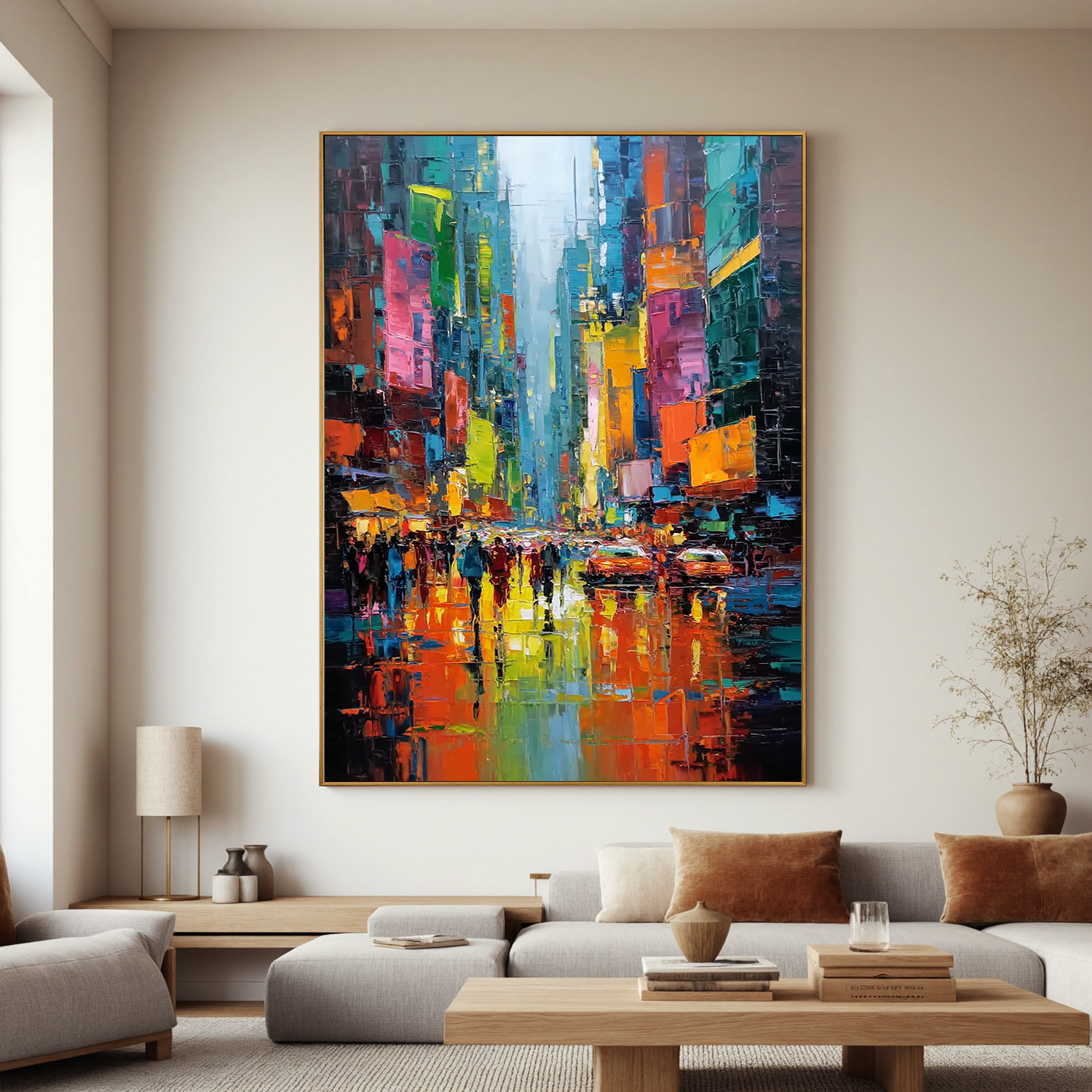 Colorful City Street Oil Painting, Abstract Urban Wall Art for Living Room Decor#OA 0533