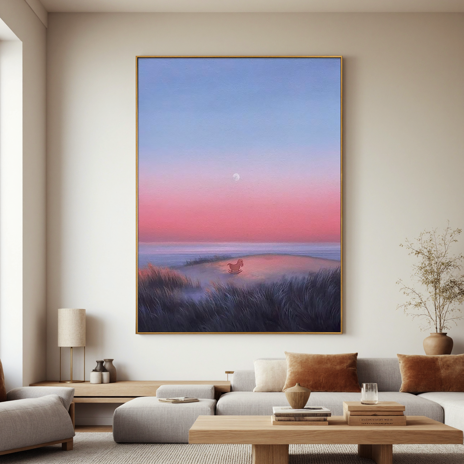 Dreamy Coastal Sunset Wall Art with Rocking Horse, Pastel Pink and Blue Seascape Canvas for Nursery or Living Room Decor #OA 0733