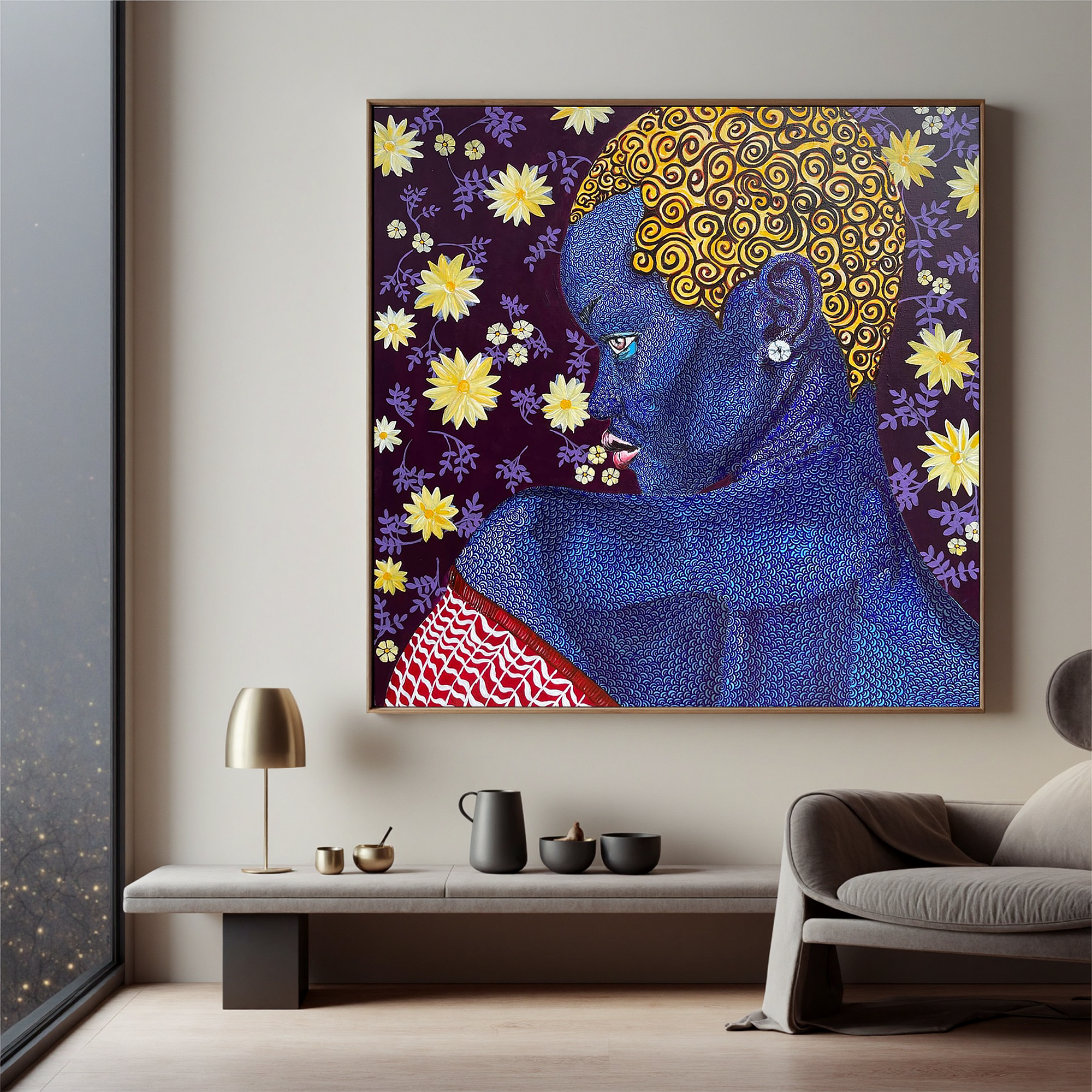 Blue Woman Portrait Oil Painting, African Inspired Figurative Wall Art for Living Room Decor#OA 0610