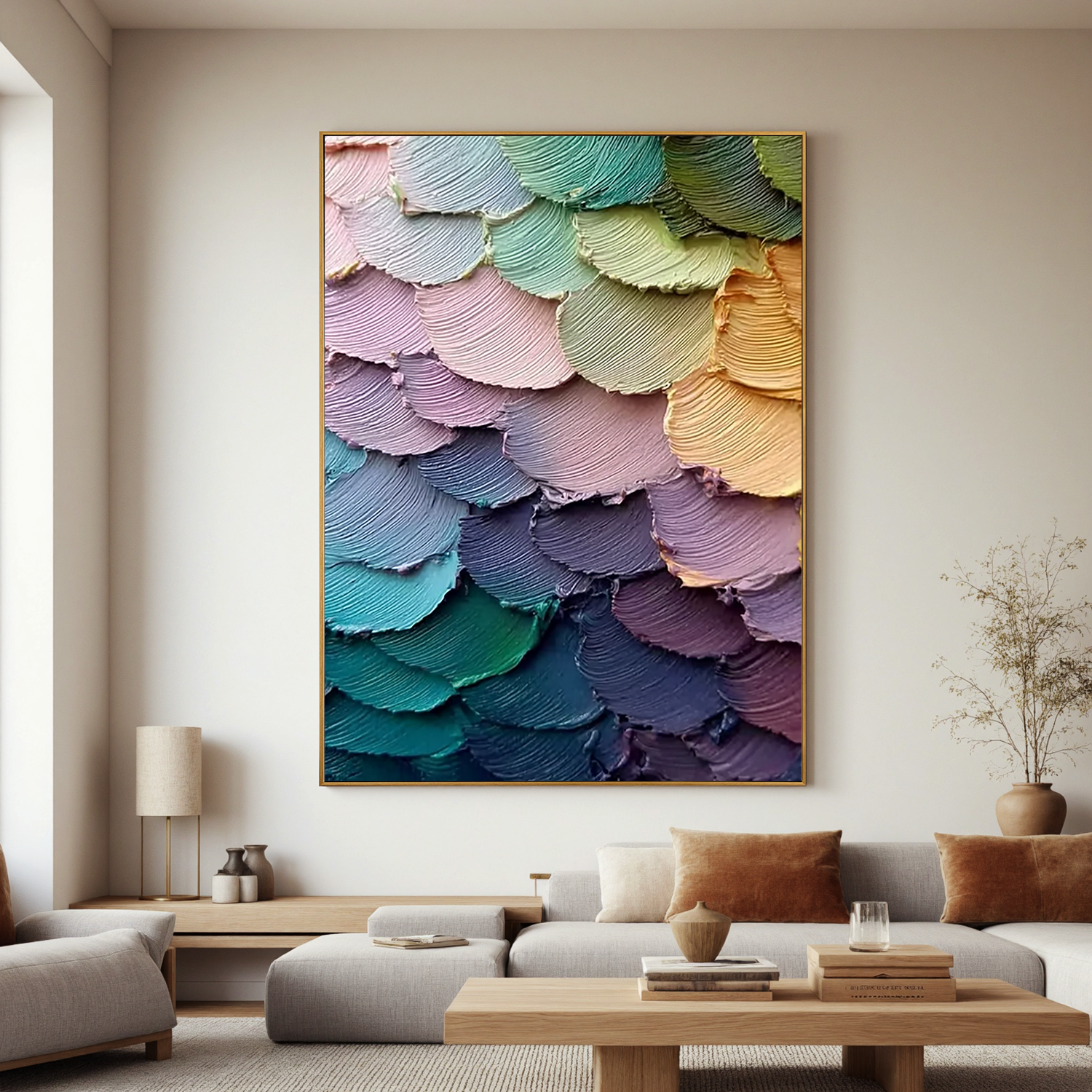 Textured Layered Abstract Oil Painting, Colorful Feather Wall Art for Living Room Decor#OA 0590