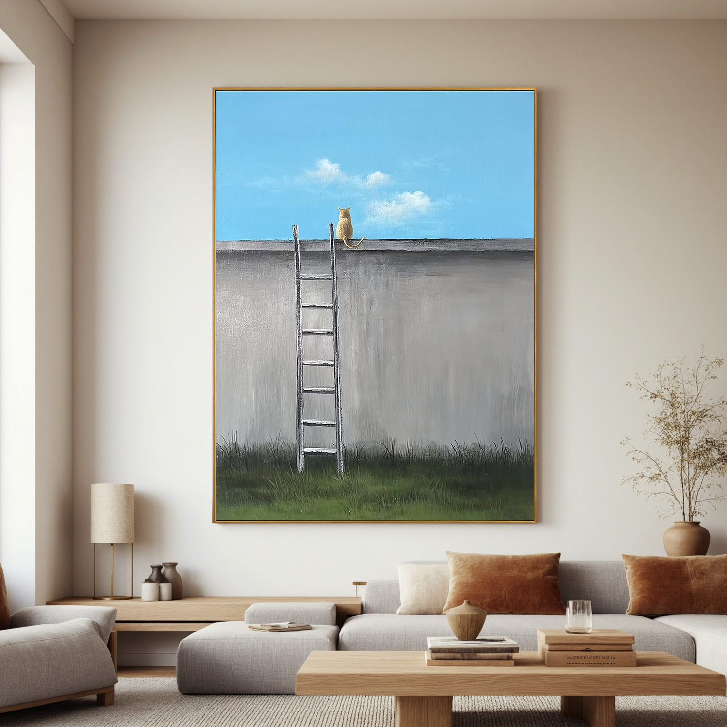Minimalist Cat on Wall with Ladder Wall Art, Nordic Style Animal Canvas Painting for Living Room Decor #OA 0778