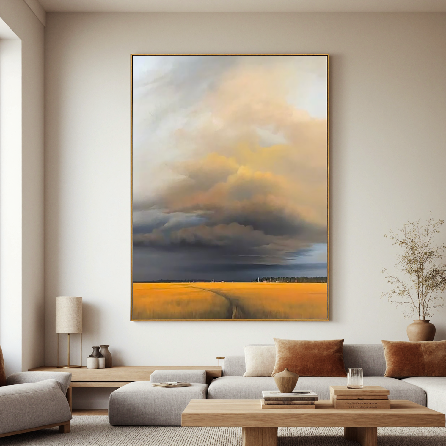 Dramatic Sky Over Golden Wheat Field Wall Art, Rustic Countryside Landscape Canvas Painting for Living Room Decor #OA 0728
