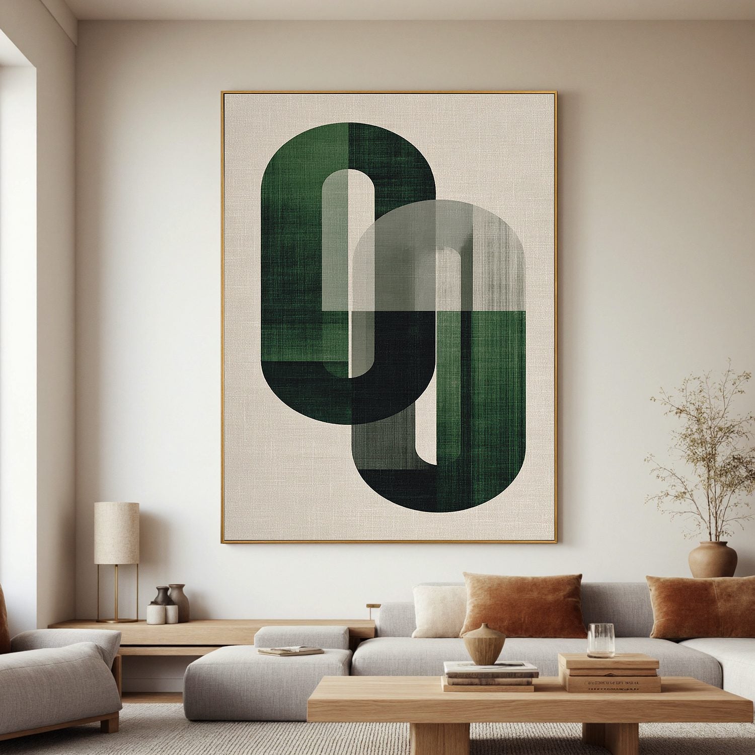 Modern Green Geometric Abstract Wall Art, Emerald Arch Shape Canvas Painting for Living Room Décor #OA 0007