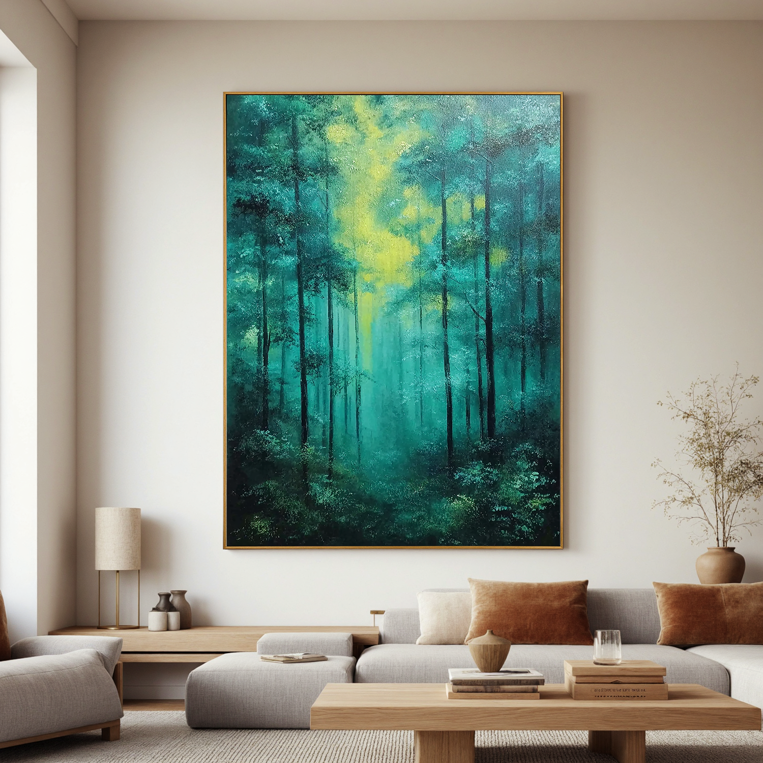 Misty Forest Oil Painting, Green Woodland Landscape Wall Art for Living Room Decor#OA 0592