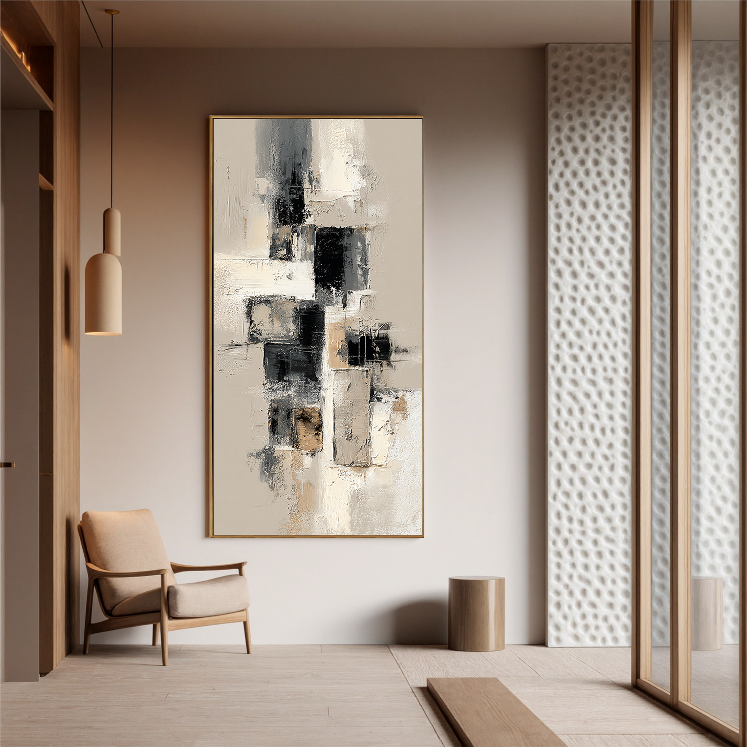 Vertical Black and White Abstract Canvas Wall Art – Textured Neutral Minimalist Painting for Modern Home Decor#OA 0877
