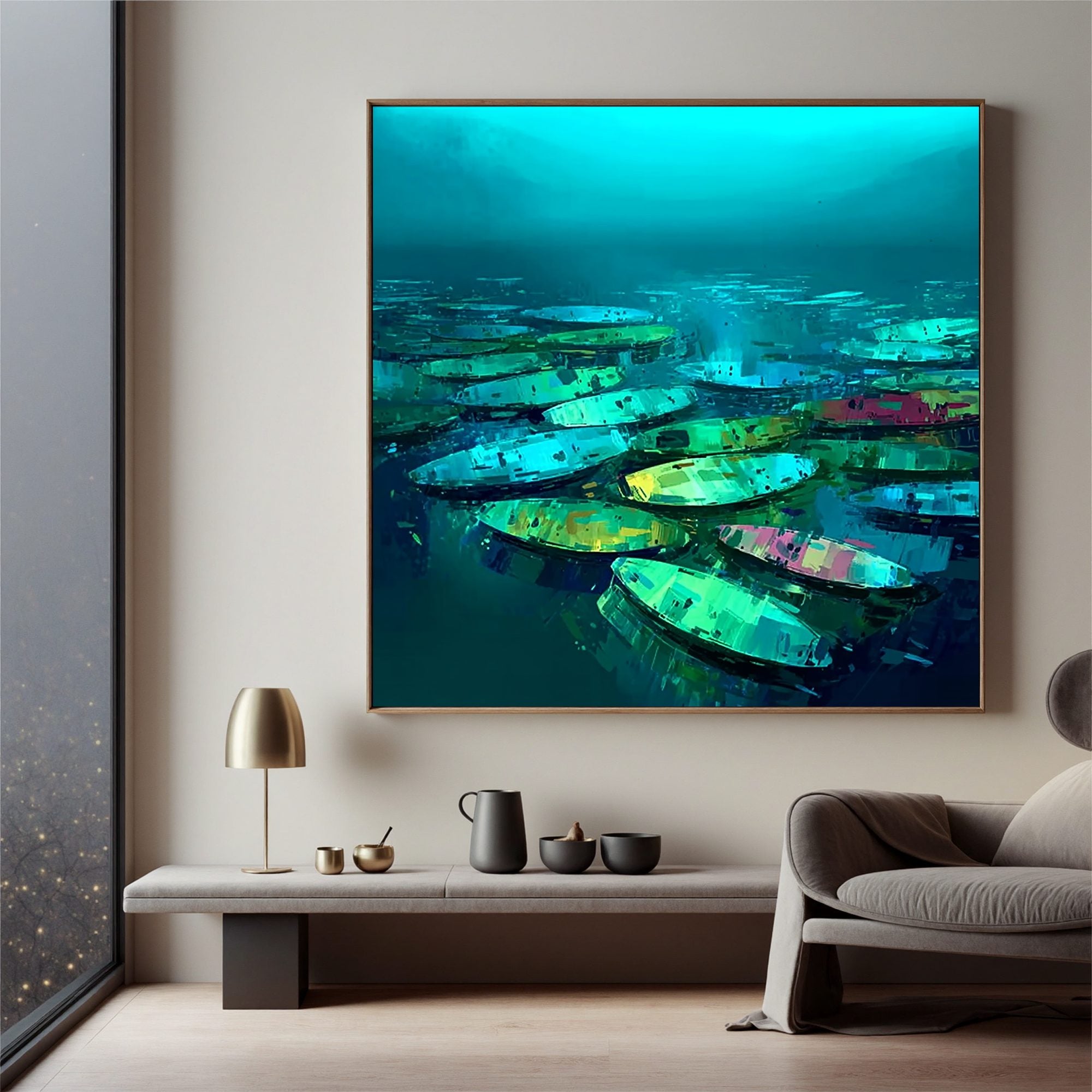 Modern Abstract Boat Painting on Water | Blue Green Lake Boat Wall Art | Large Hand Painted Contemporary Canvas Artwork#OA 0429