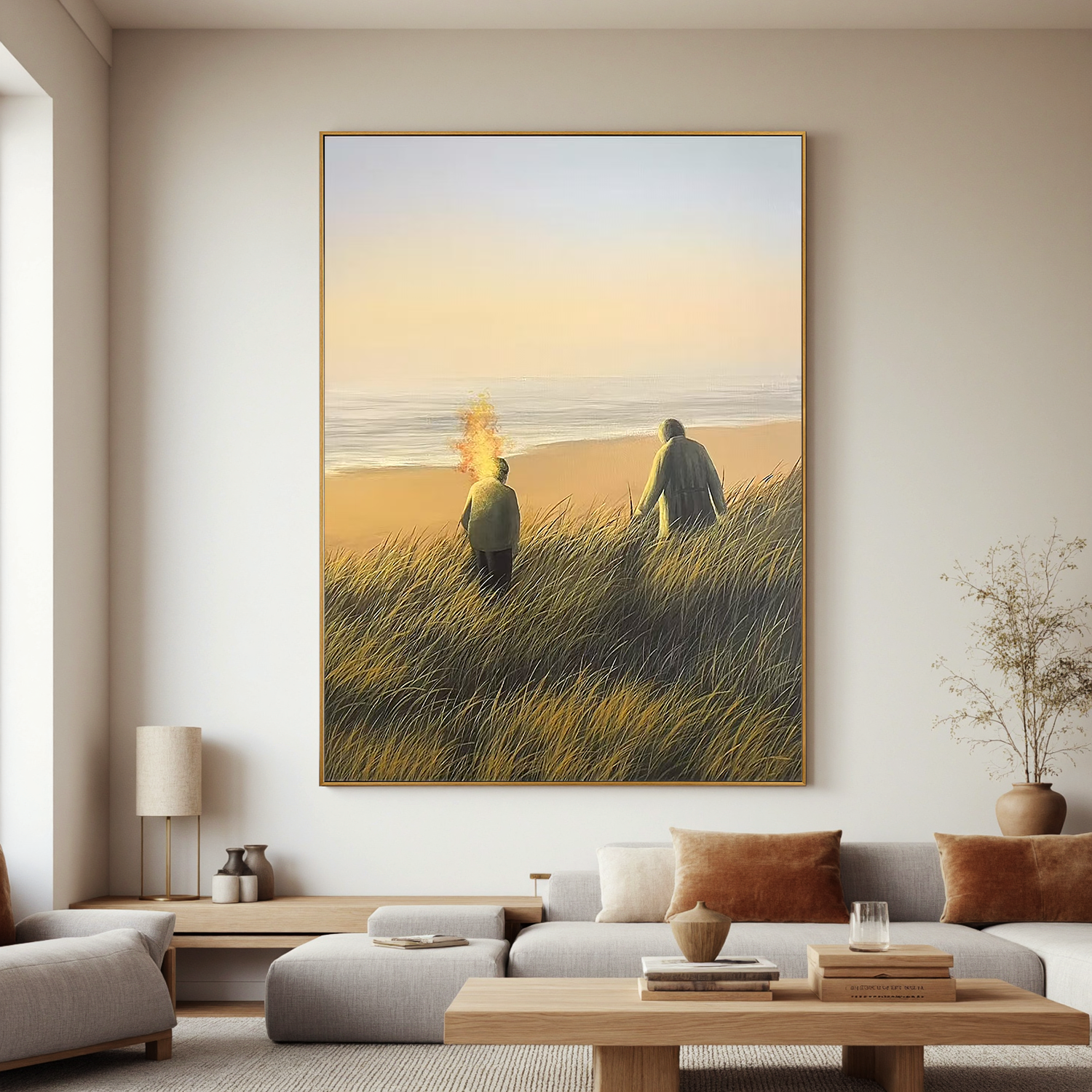 Serene Coastal Sunset Wall Art with Figures – Beach Landscape Canvas Painting for Living Room Decor #OA 0797