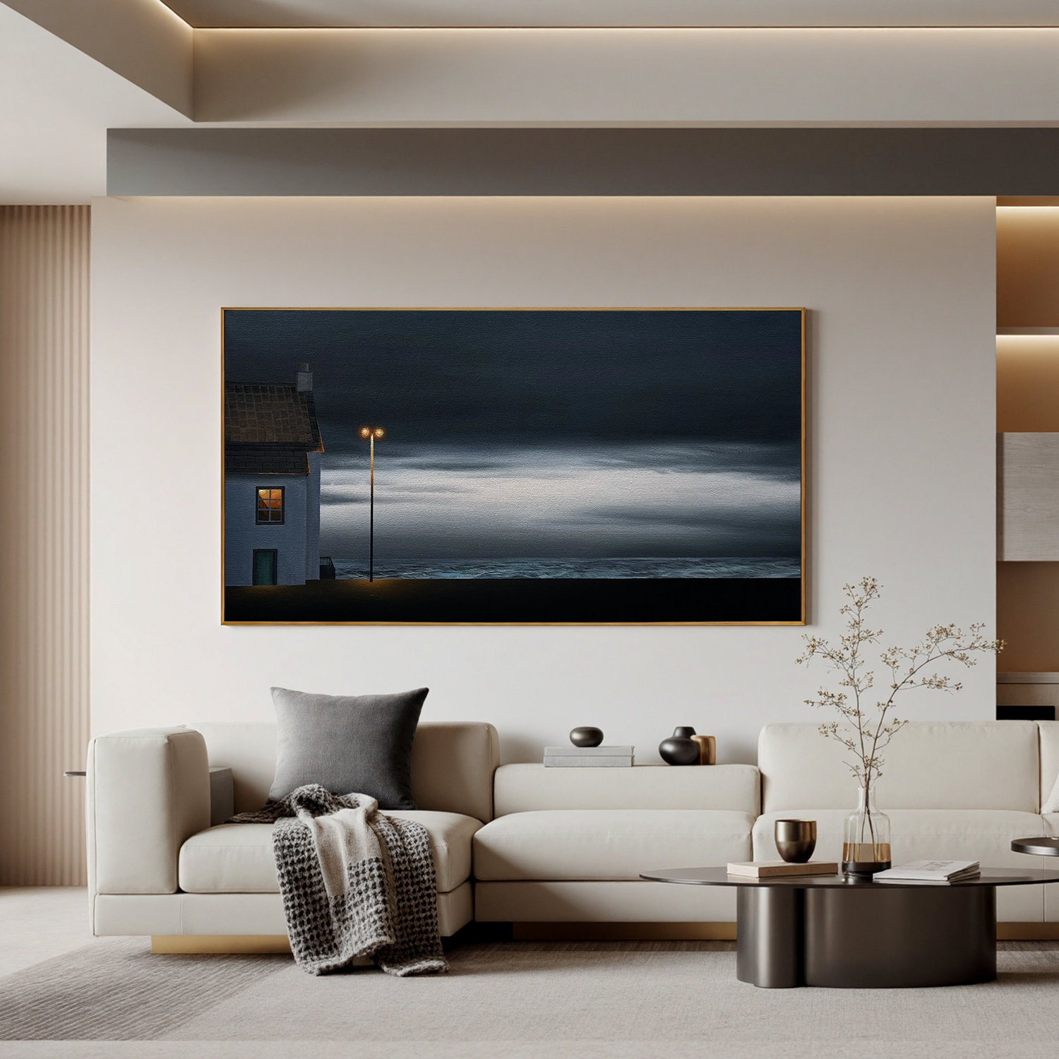 Moody Coastal Night Wall Art with Lonely House and Streetlight, Panoramic Seascape Canvas for Living Room Decor #OA 0735