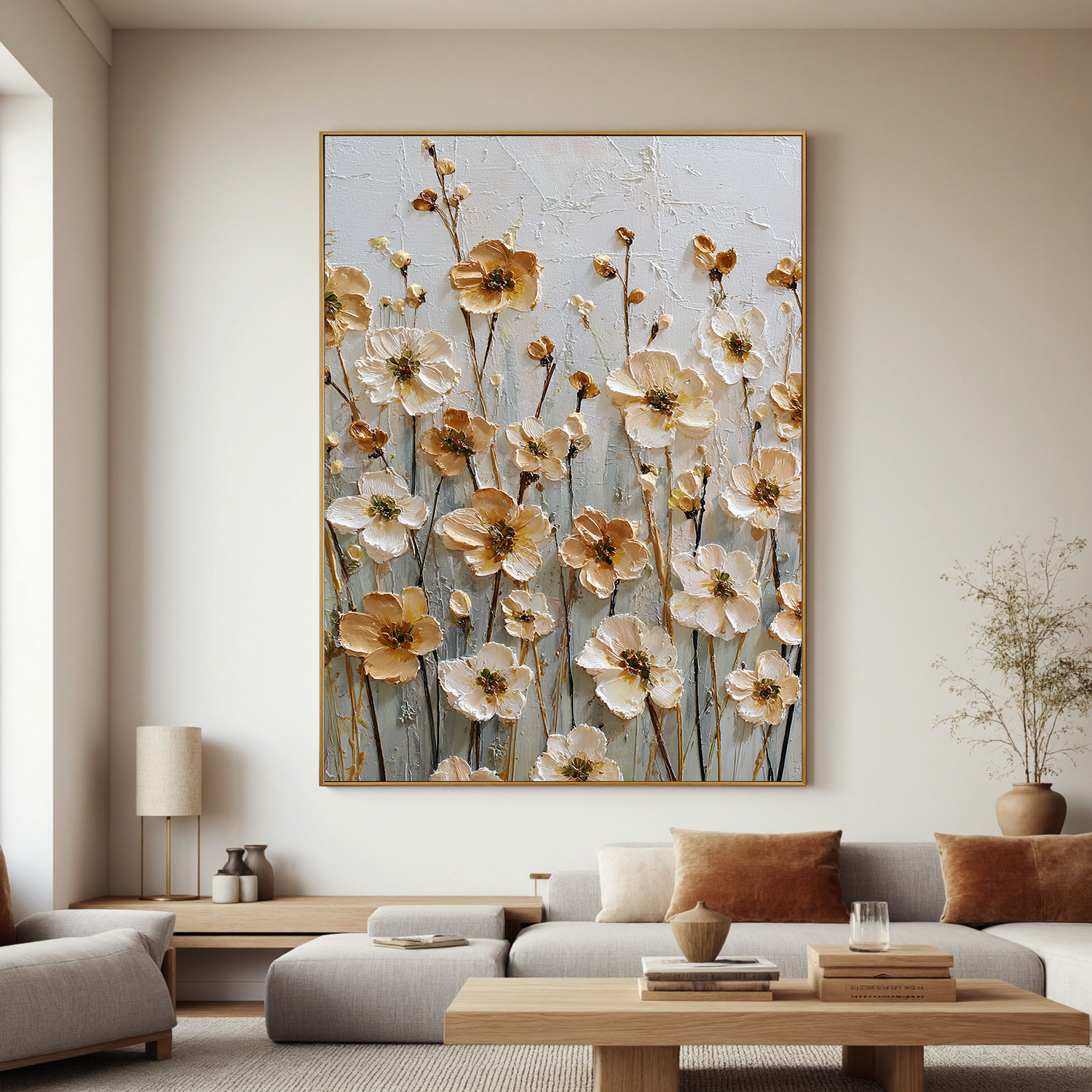 Vertical Floral Canvas Wall Art – Elegant Neutral Flower Painting for Bedroom & Modern Home Decor#OA 0846