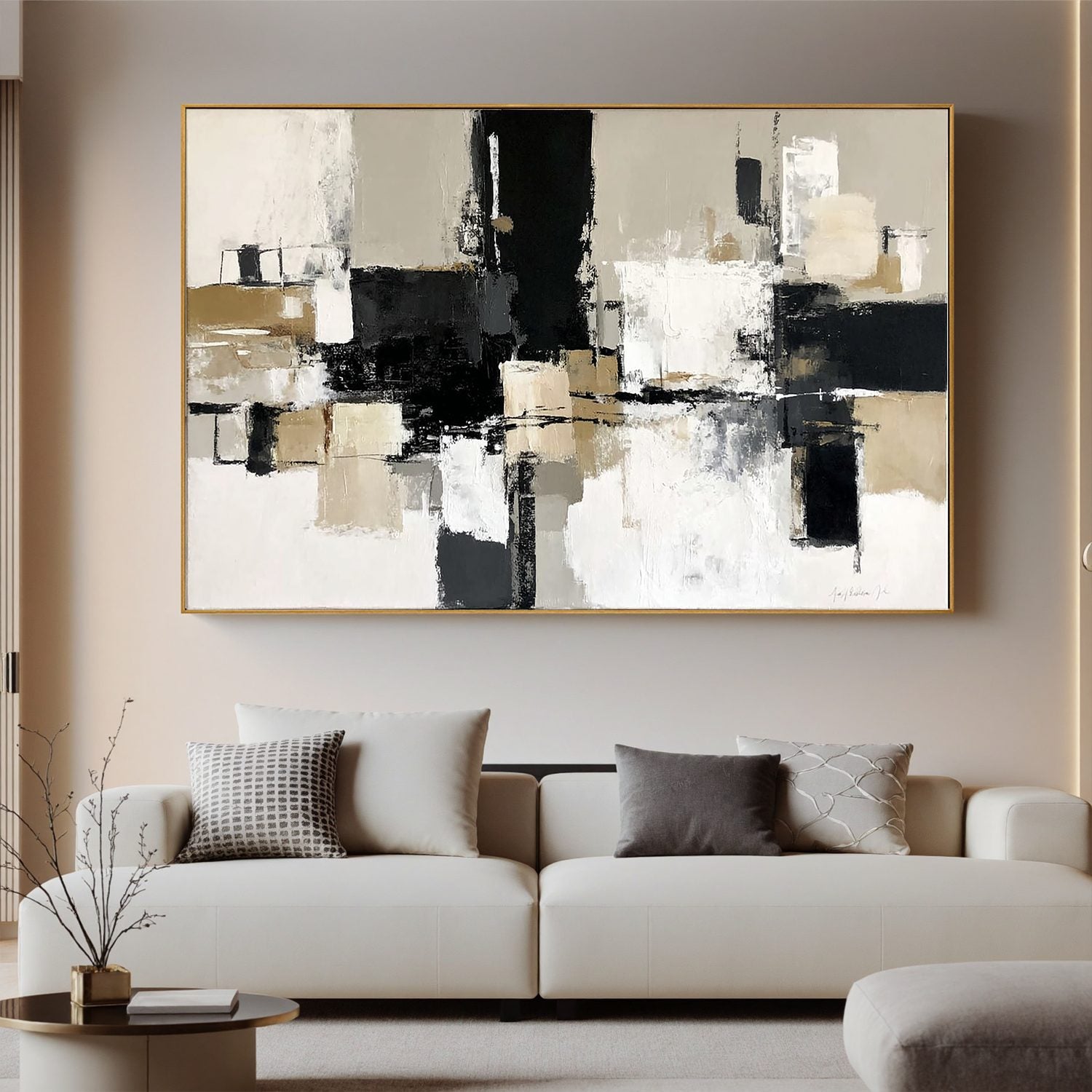 Modern Abstract Black and Beige Oil Painting | Large Neutral Wall Art for Living Room #OA 0008