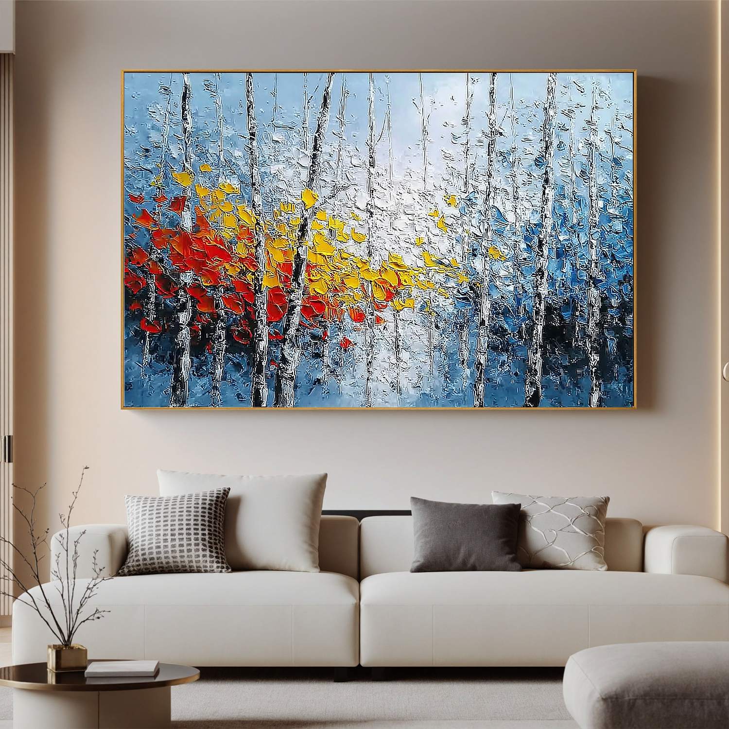 Blue Abstract Forest Wall Art, Colorful Textured Tree Canvas Painting for Living Room Décor #OA 0414