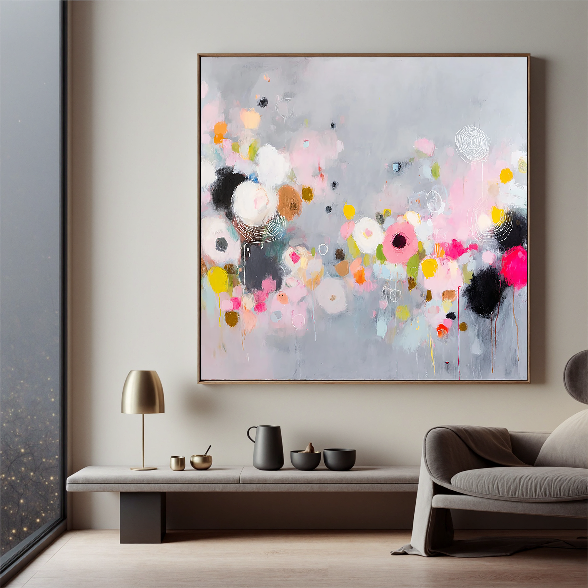 Abstract Soft Floral Oil Painting Canvas – Modern Pastel Flower Wall Art for Living Room Contemporary Home Decor#OA 0470