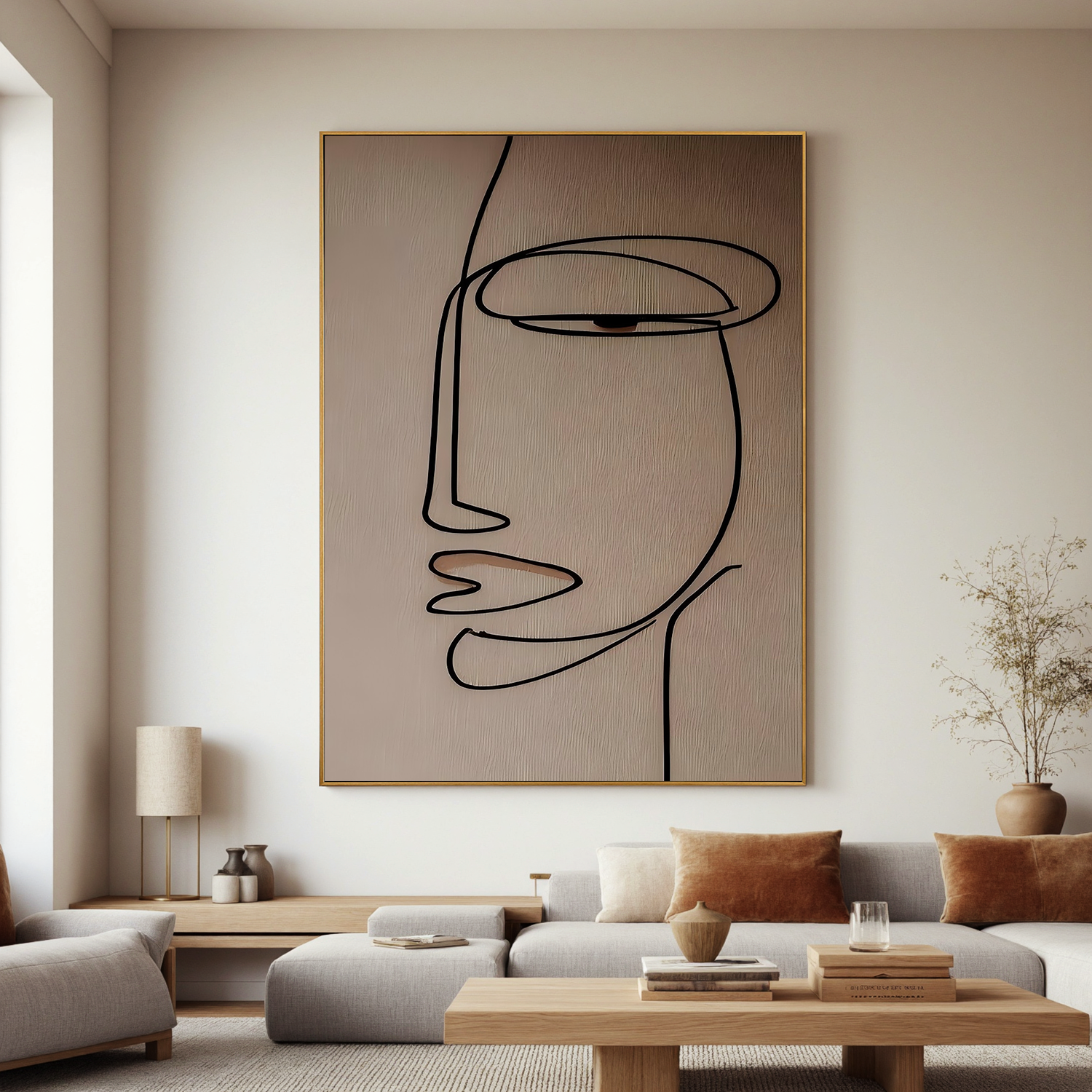 Minimalist Line Art Face Canvas Wall Art – Abstract Portrait in Neutral Beige for Modern Home Decor#OA 0871