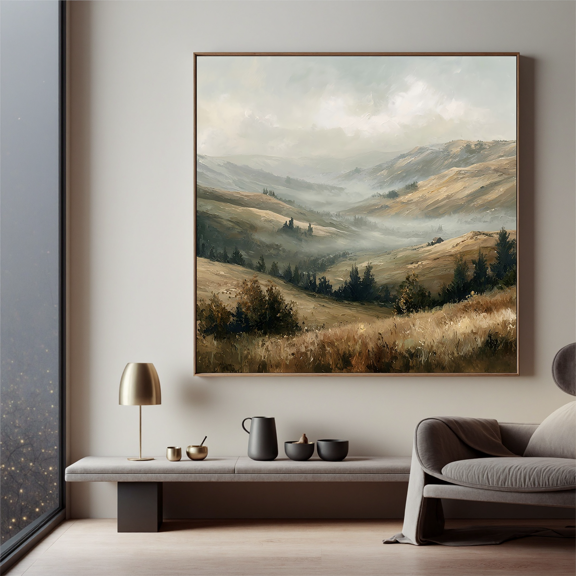 Misty Mountain Valley Landscape Painting – Neutral Rustic Wall Art#OA 0898