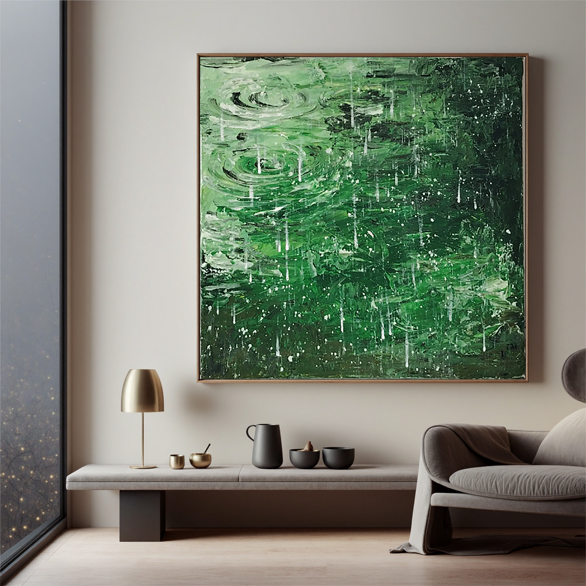 Dark Green Rain Ripple Oil Painting, Abstract Water Wall Art for Living Room Decor#OA 0612