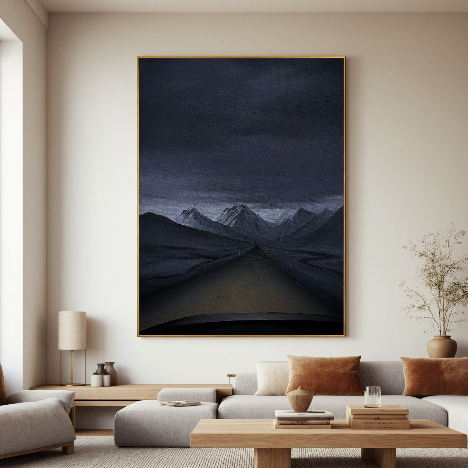 Moody Mountain Road Wall Art, Dark Snowy Peaks Landscape Canvas Painting for Modern Living Room Decor #OA 0744