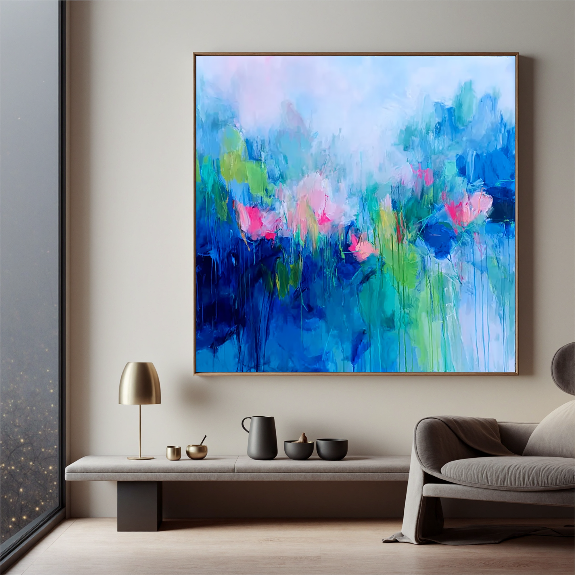 Abstract Blue Floral Oil Painting Canvas – Modern Pink Flower Wall Art for Living Room Contemporary Home Decor#OA 0502