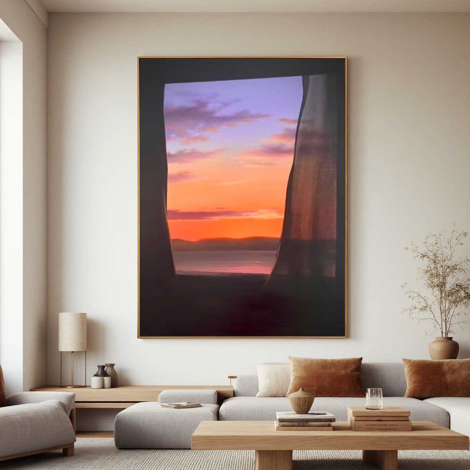 Sunset Ocean View Through Window Wall Art, Romantic Seascape Canvas Painting, Serene Coastal Landscape Decor for Living Room #OA 0784