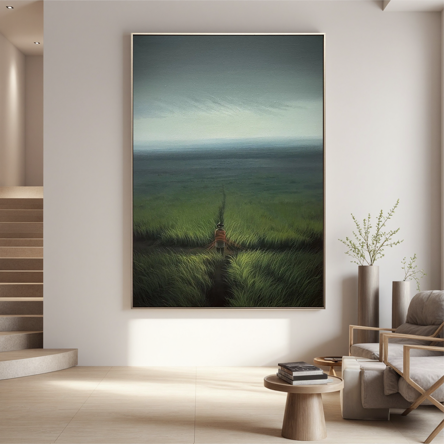 Solitary Figure Walking Through Coastal Grassland Wall Art, Serene Ocean Landscape Canvas Painting for Living Room Decor #OA 0737