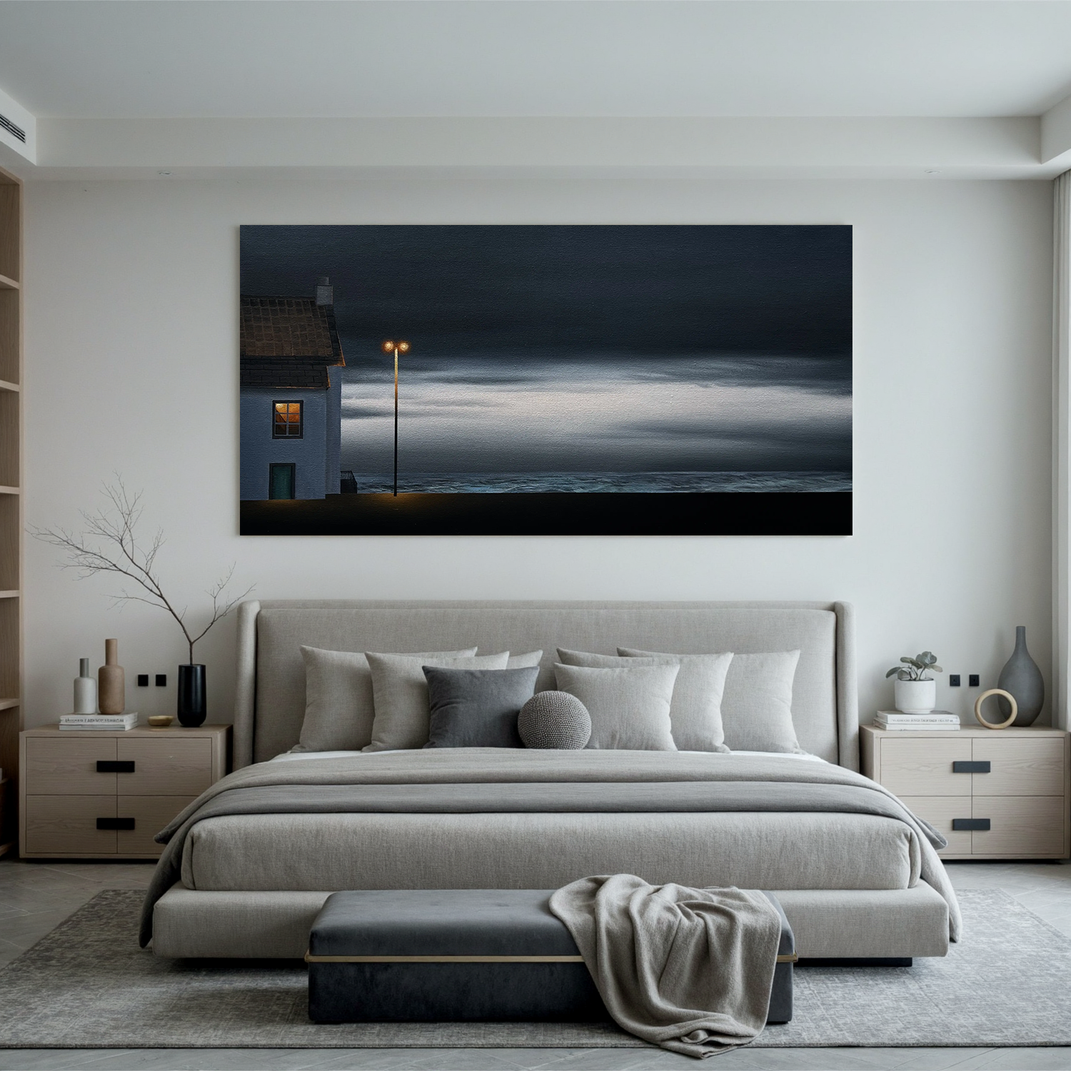Moody Coastal Night Wall Art with Lonely House and Streetlight, Panoramic Seascape Canvas for Living Room Decor #OA 0735