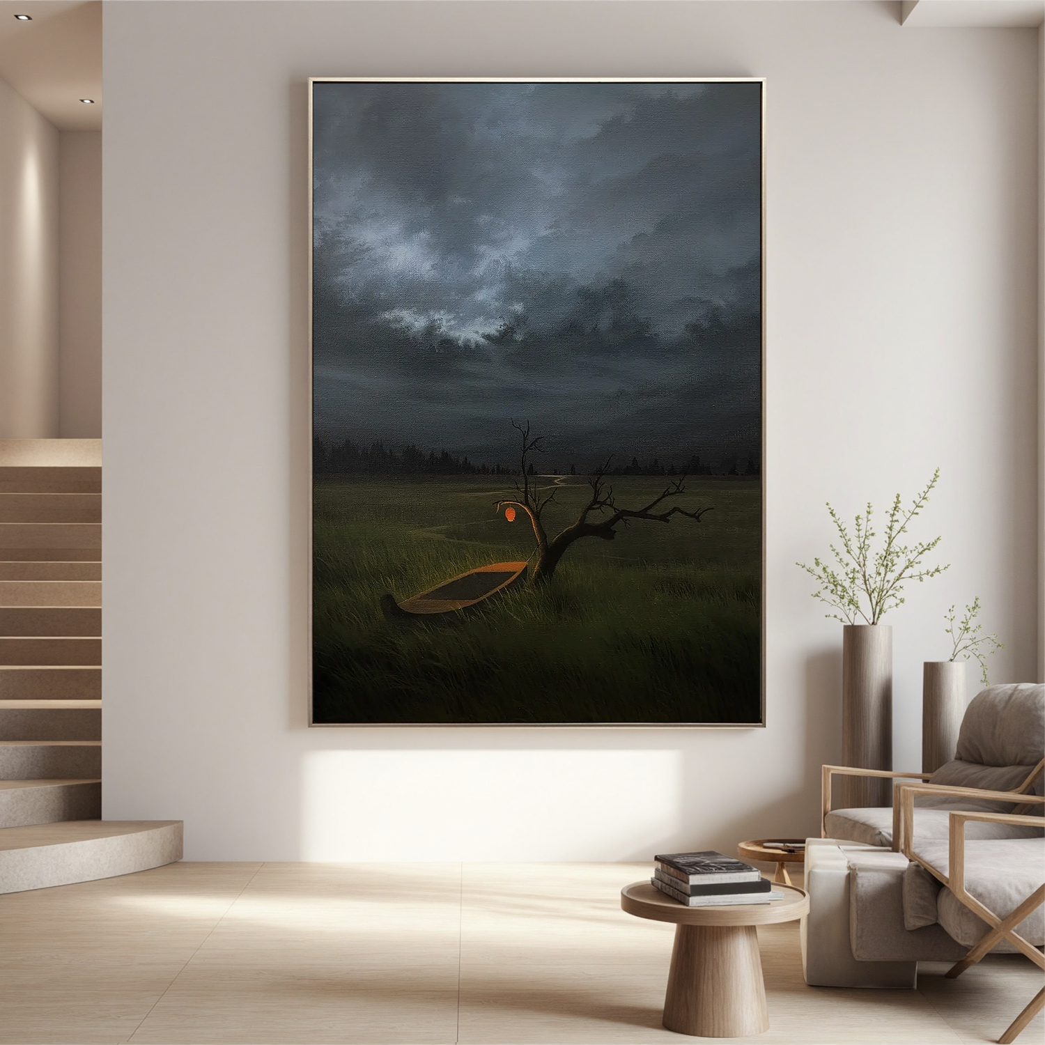 Moody Stormy Landscape Wall Art with Glowing Lantern and Boat, Surreal Lone Tree Meadow Canvas for Living Room Decor #OA 0738