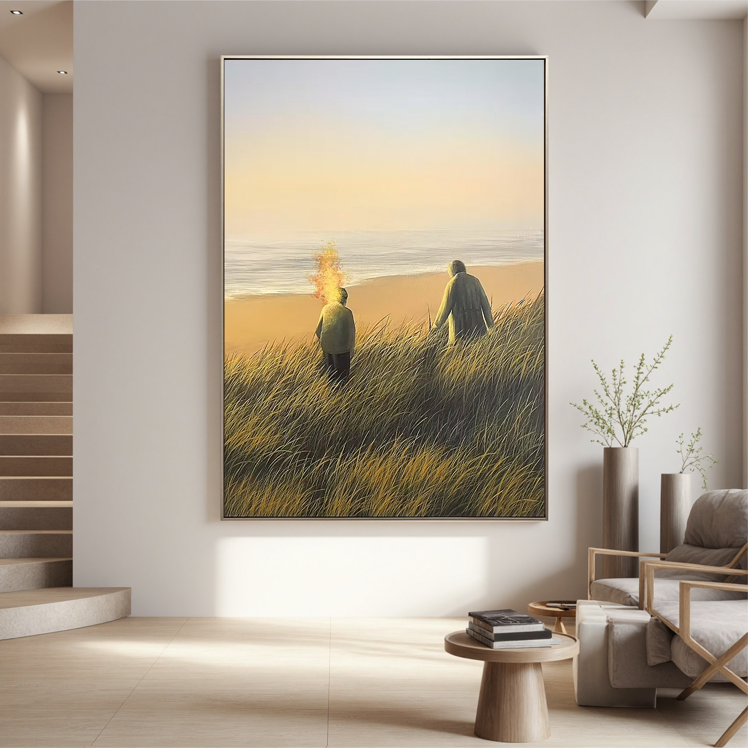 Serene Coastal Sunset Wall Art with Figures – Beach Landscape Canvas Painting for Living Room Decor #OA 0797