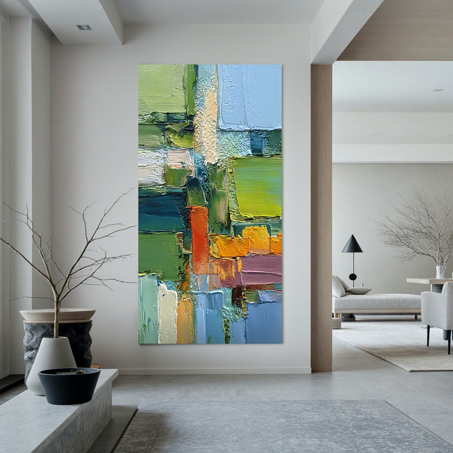 Green Geometric Abstract Wall Art, Colorful Textured Block Canvas Painting for Modern Living Room Décor