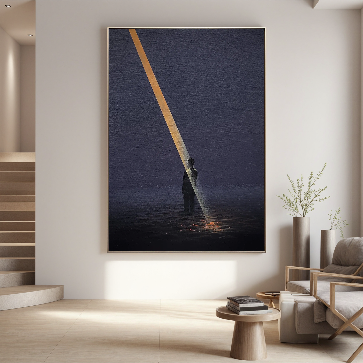 Surreal Beam of Light Wall Art, Solitary Figure in Dark Minimalist Landscape Canvas for Living Room Decor #OA 0739