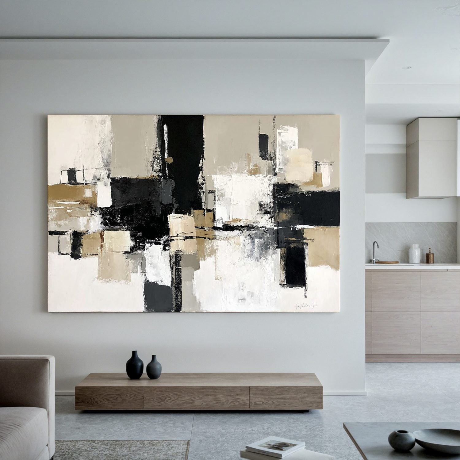 Modern Abstract Black and Beige Oil Painting | Large Neutral Wall Art for Living Room #OA 0008