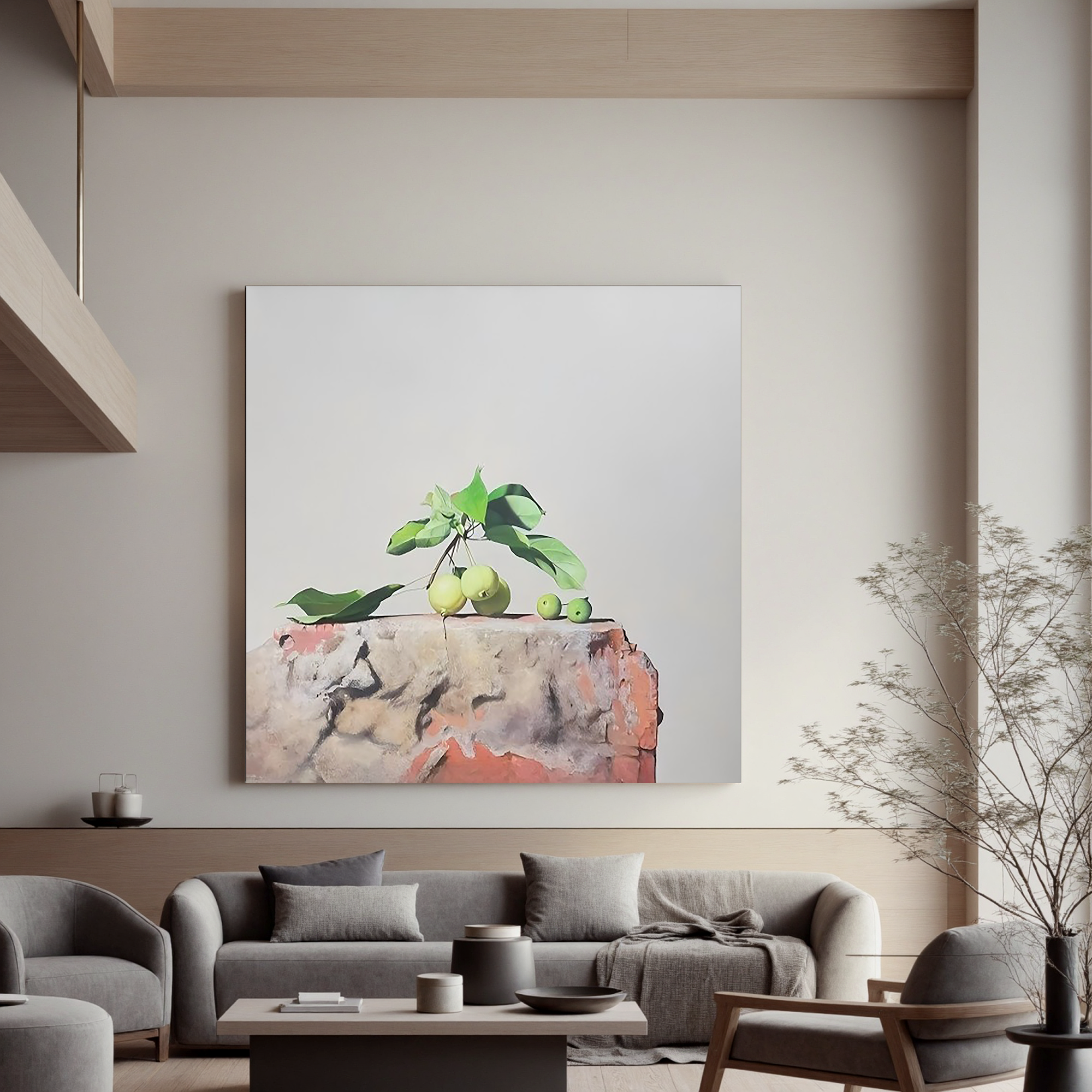 Green Apples on the Stone-Minimalist Green Apple Still Life Wall Art