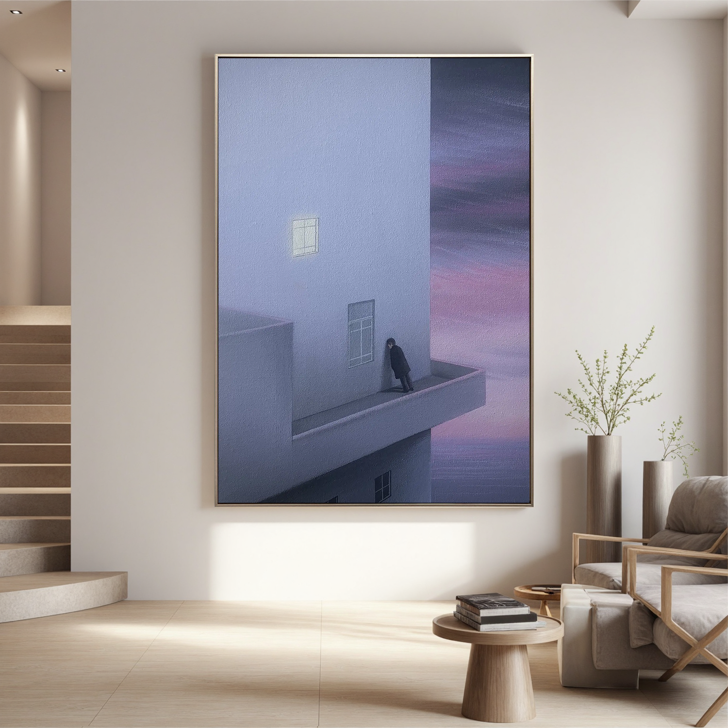 Surreal Minimalist Architecture Wall Art, Solitary Figure on Balcony with Pink Sky Canvas for Modern Living Room Decor #OA 0742