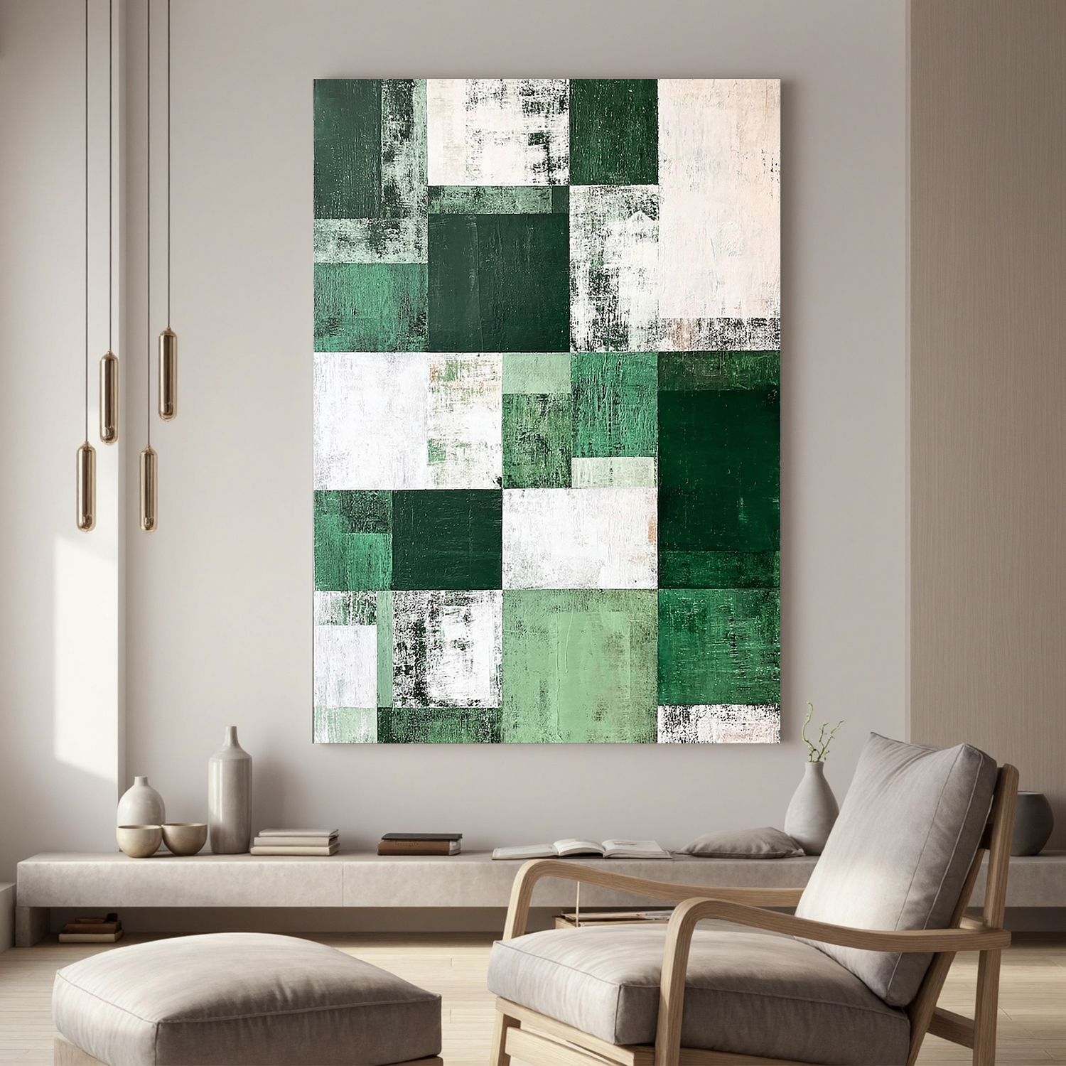 Green and White Abstract Oil Painting, Minimalist Geometric Wall Art for Living Room Decor#OA 0567