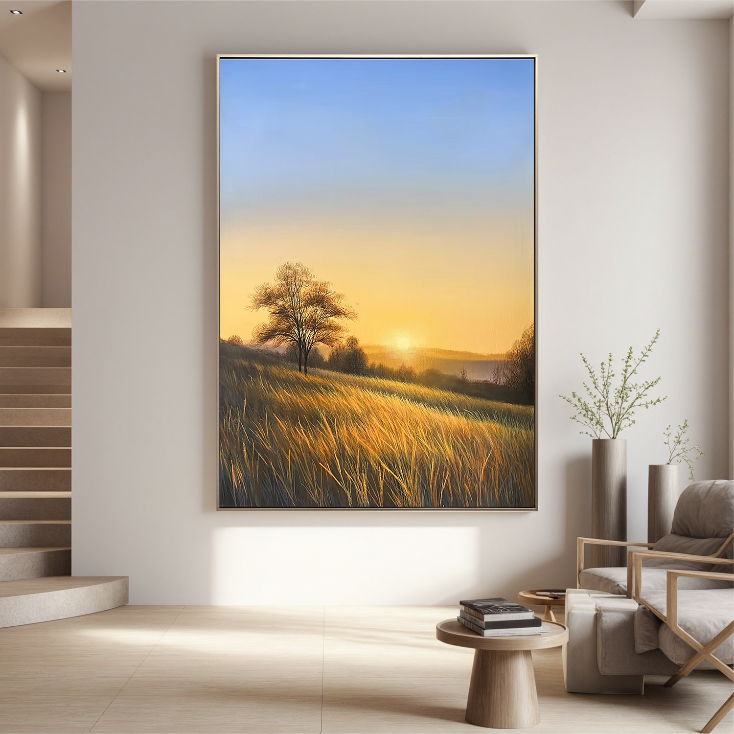 Golden Sunrise Meadow Wall Art, Countryside Landscape Canvas Painting with Lone Tree for Living Room Decor #OA 0779