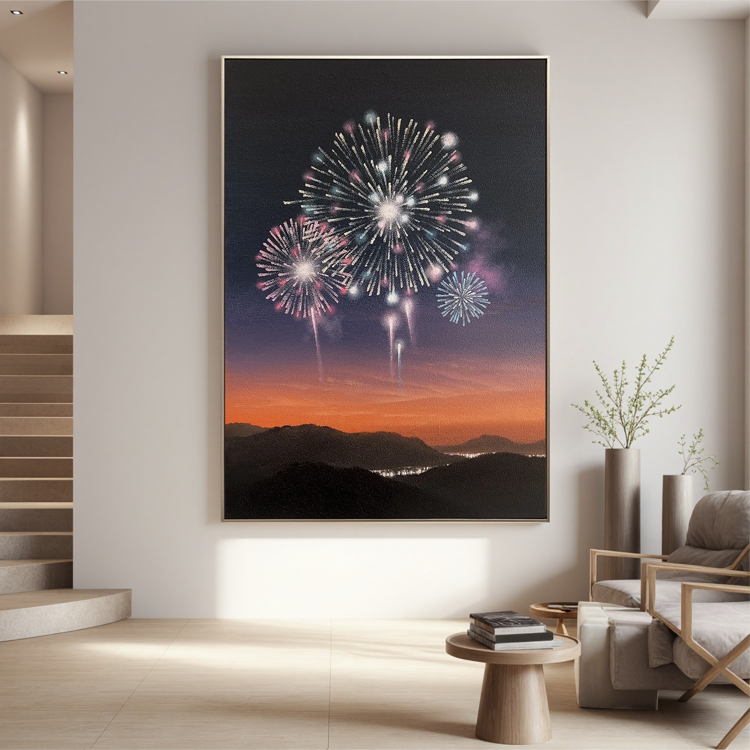 Fireworks Over Mountain Sunset Wall Art, Celebration Night Sky Canvas Painting for Living Room Decor #OA 0758