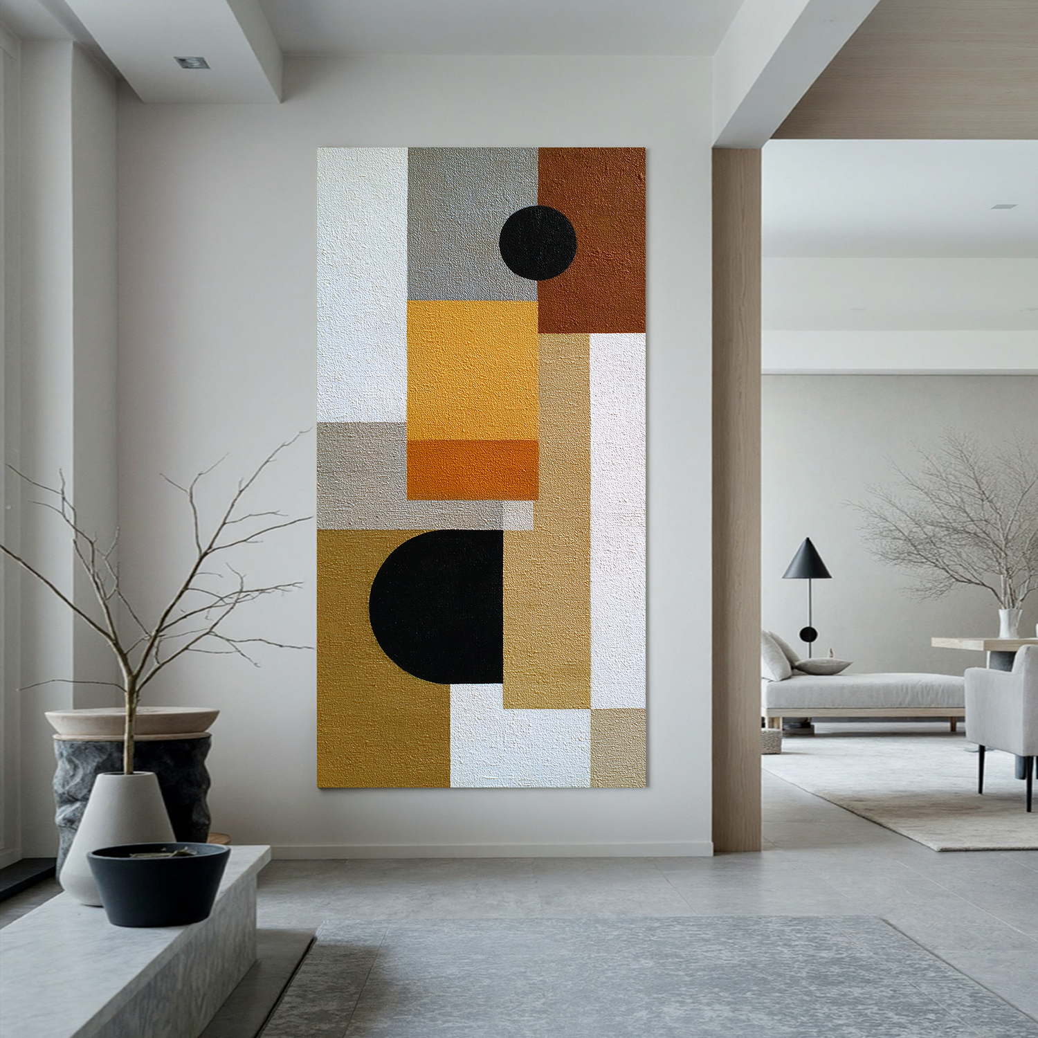 Mid Century Modern Geometric Abstract Canvas Wall Art – Neutral Beige and Mustard Yellow Vertical Painting for Living Room Decor#OA 0864